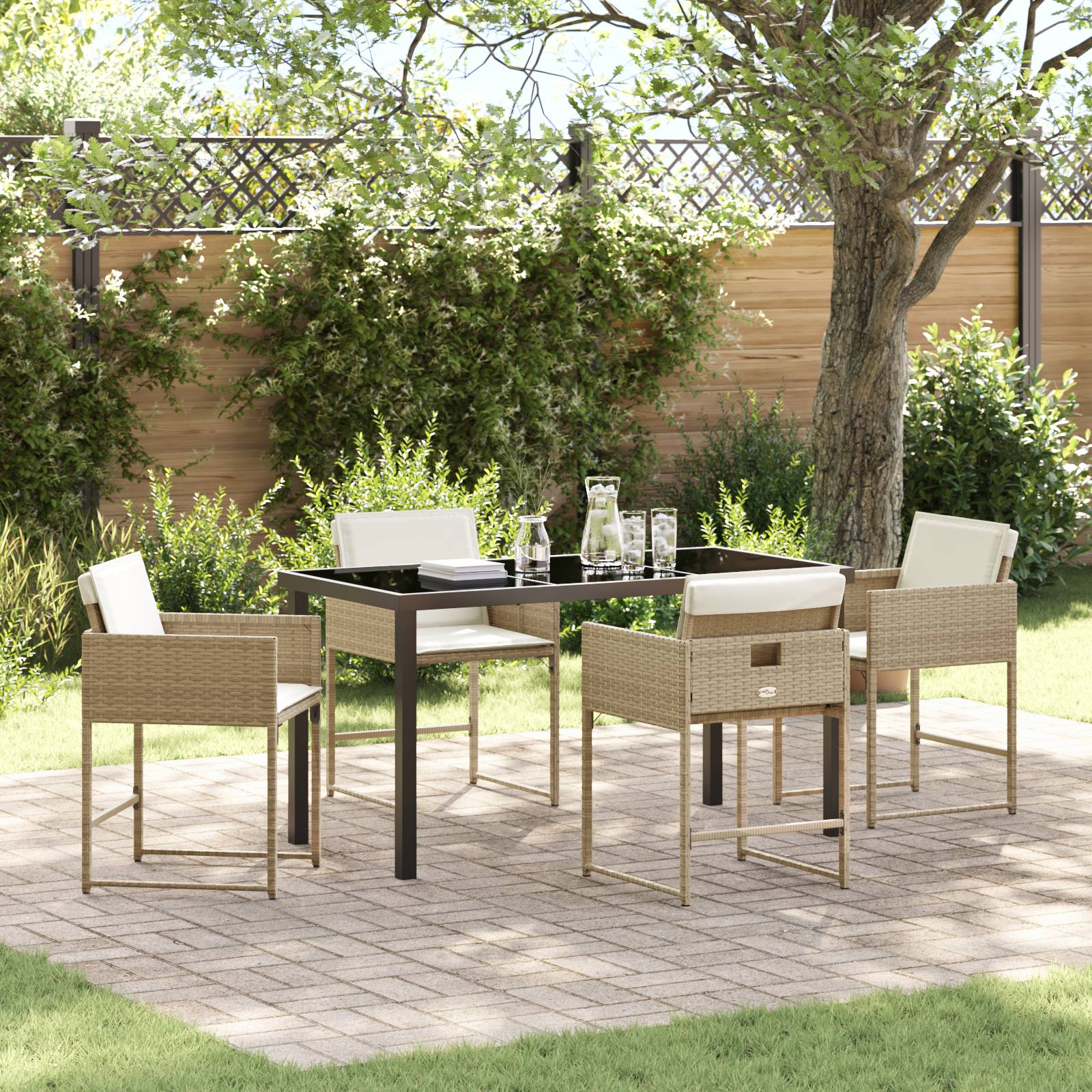 vidaXL 5-teiliges Garten Esszimmer Set mit Kissen Beige Poly Rattan