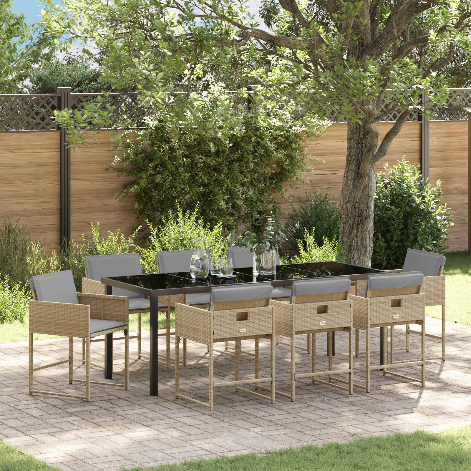 vidaXL 9-teiliges Garten-Esszimmer Set mit Kissen in beigem Poly Rattan