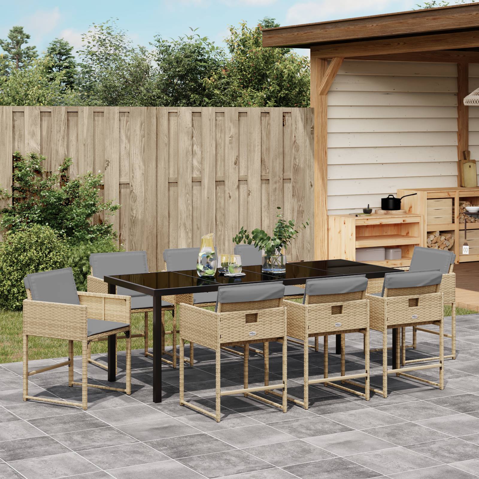 vidaXL 9-teiliges Garten-Esszimmer Set mit Kissen in beigem Poly Rattan