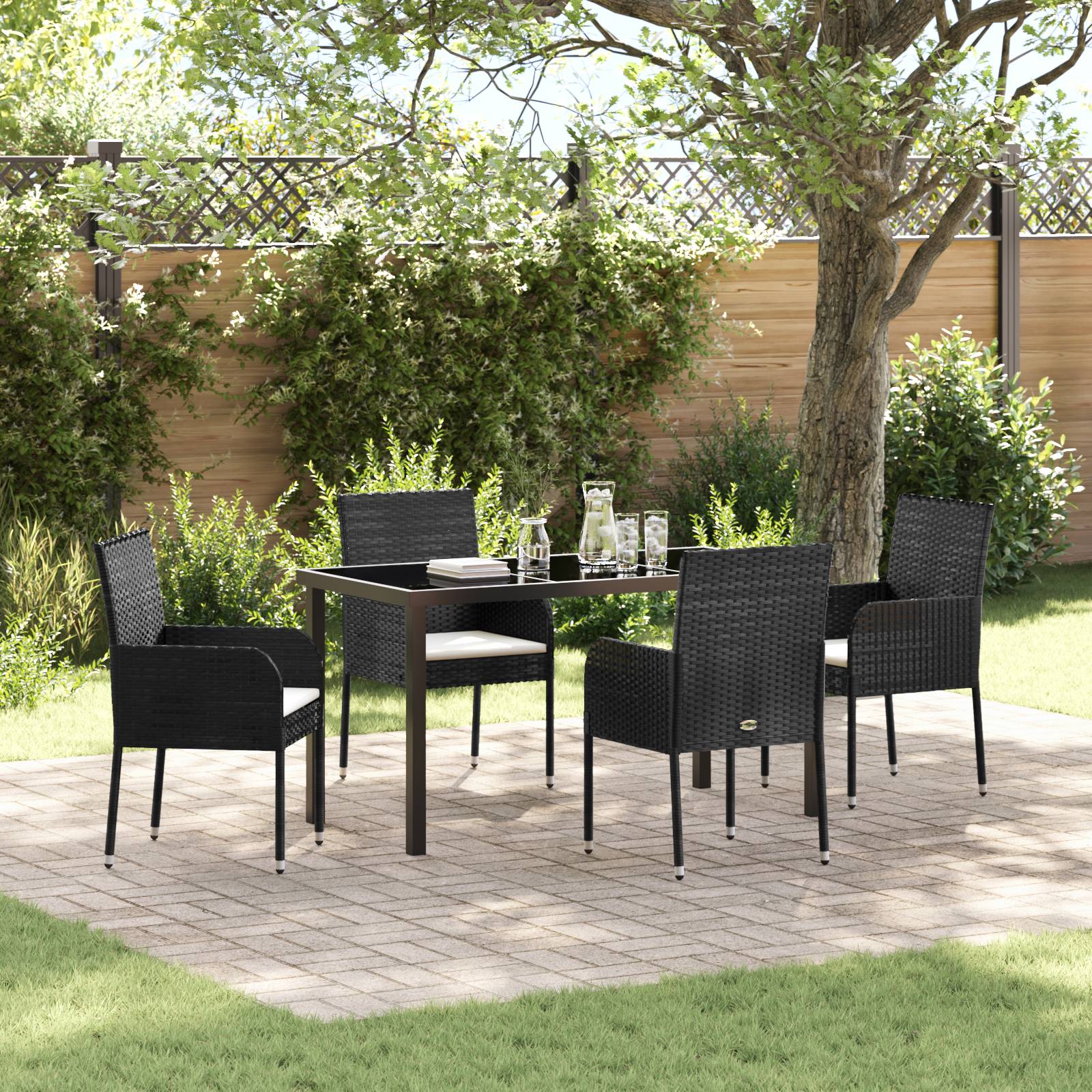 vidaXL 5-teilige Garten-Essgruppe mit Kissen schwarzes Poly-Rattan