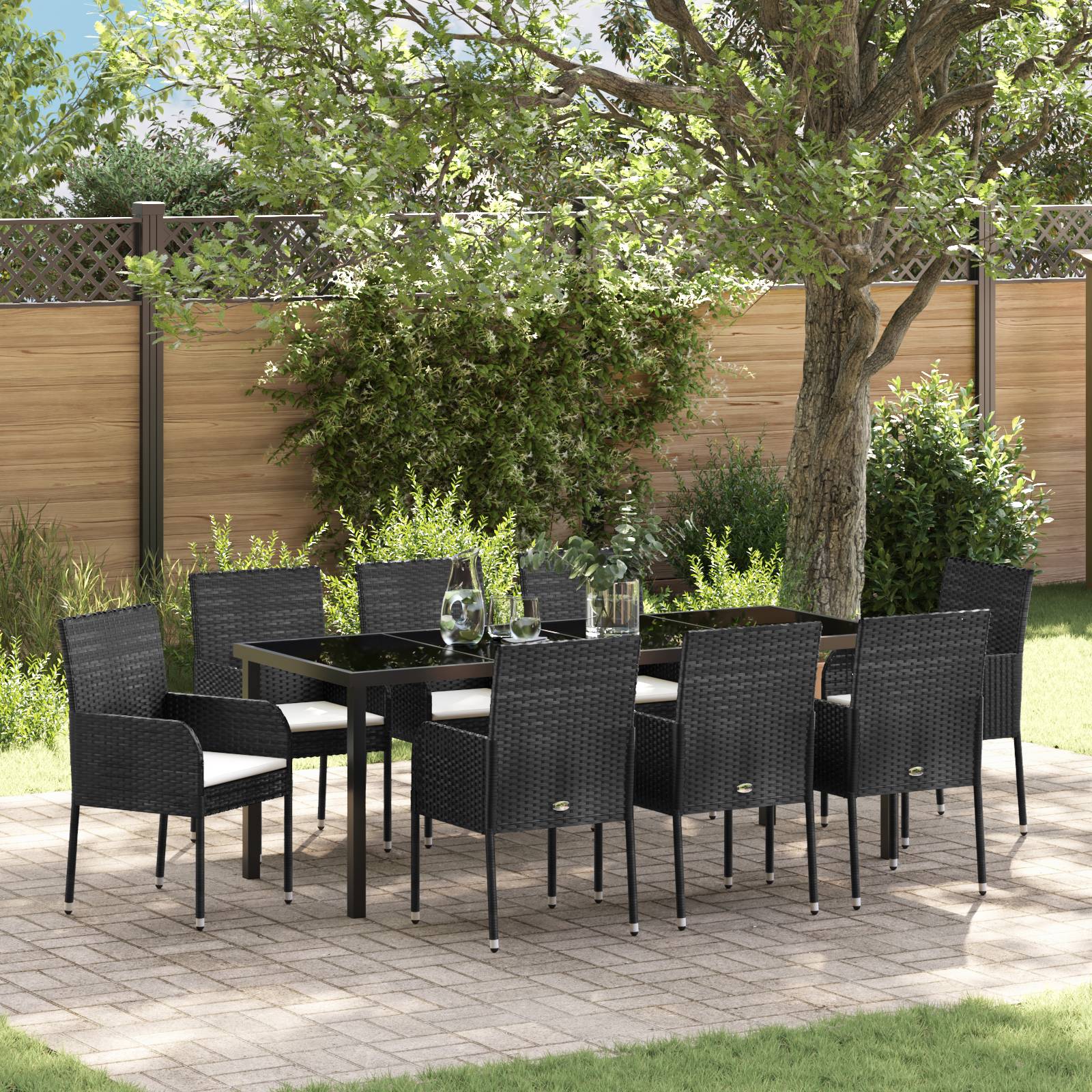 vidaXL 9-teiliges Garten-Ess-Set mit Kissen Schwarz Poly-Rattan