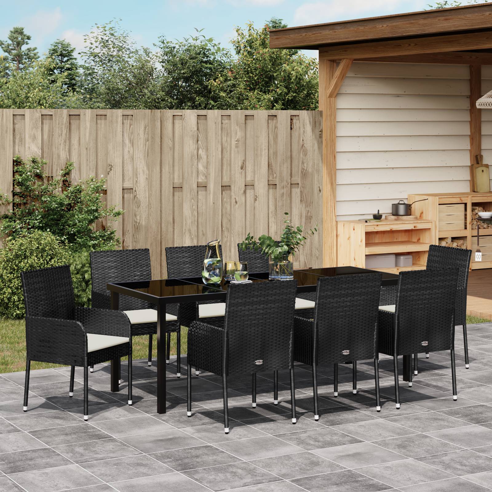 vidaXL 9-teiliges Garten-Ess-Set mit Kissen Schwarz Poly-Rattan