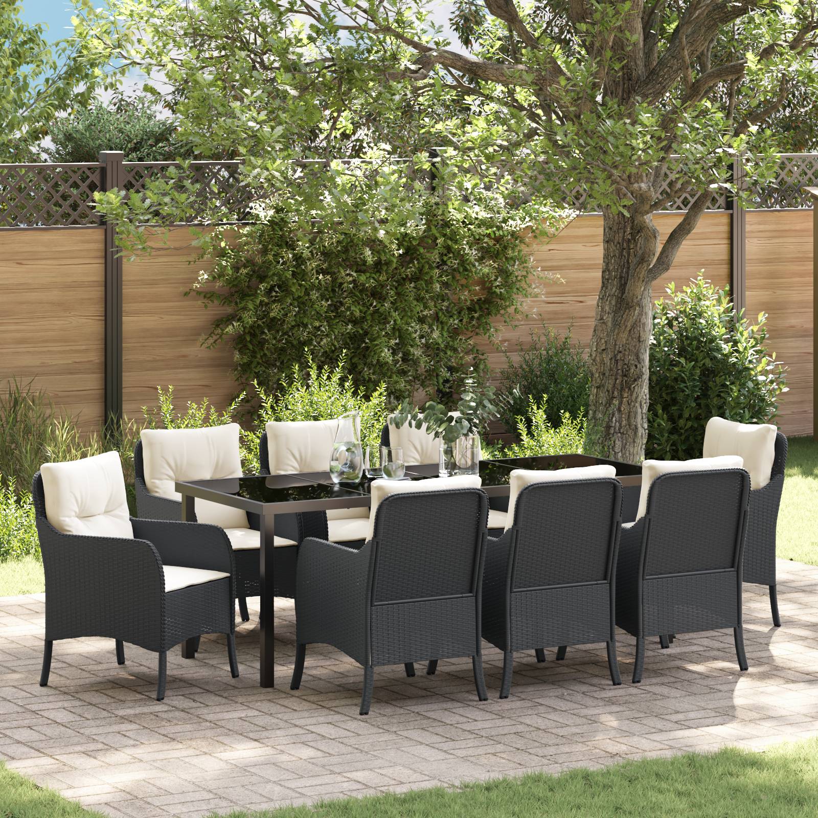 vidaXL 9-teiliges Garten-Essset mit Kissen Schwarz Poly-Rattan