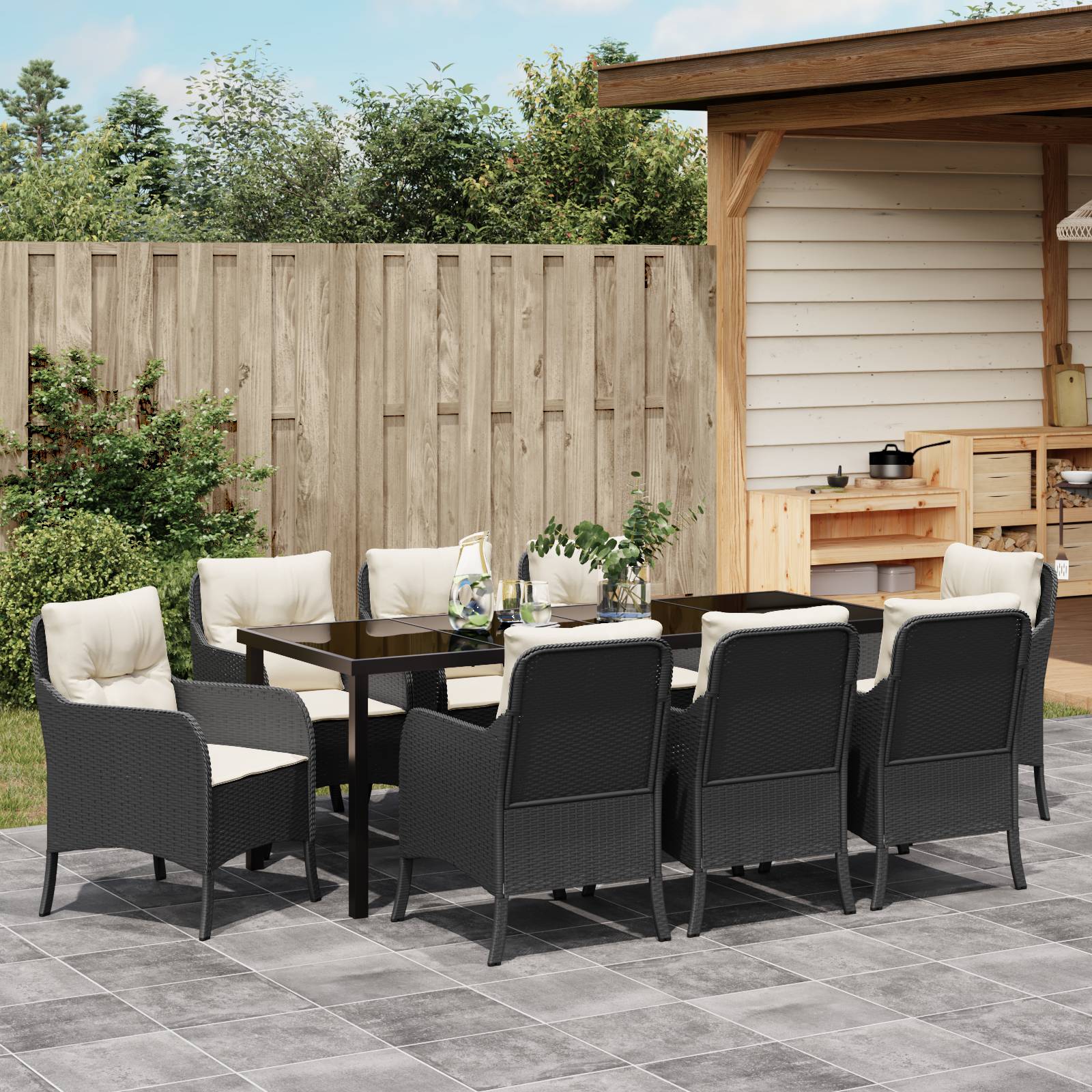 vidaXL 9-teiliges Garten-Essset mit Kissen Schwarz Poly-Rattan