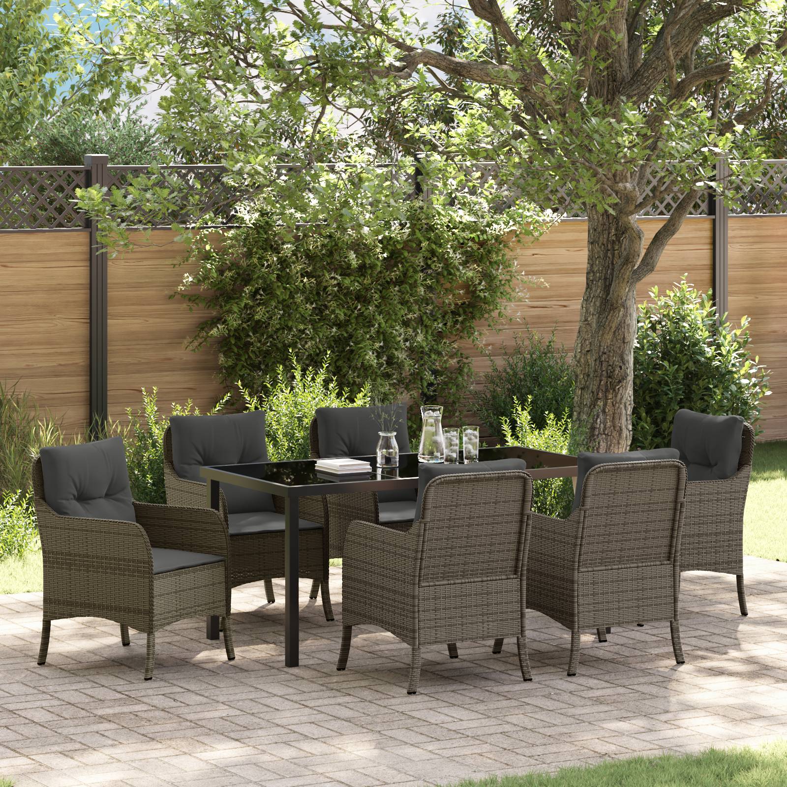 vidaXL 7-teiliges Garten-Ess-Set mit Kissen Grau Poly-Rattan