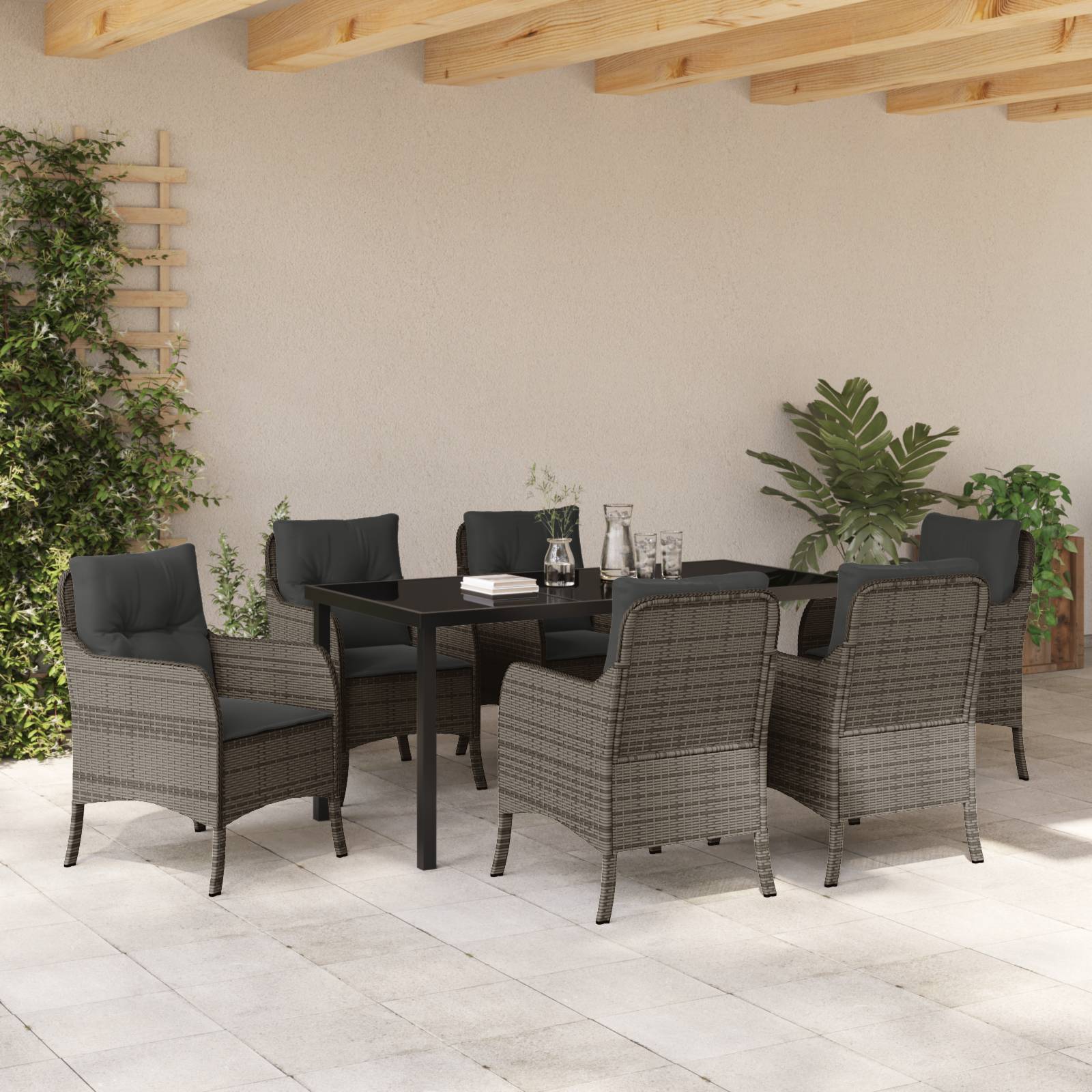 vidaXL 7-teiliges Garten-Ess-Set mit Kissen Grau Poly-Rattan