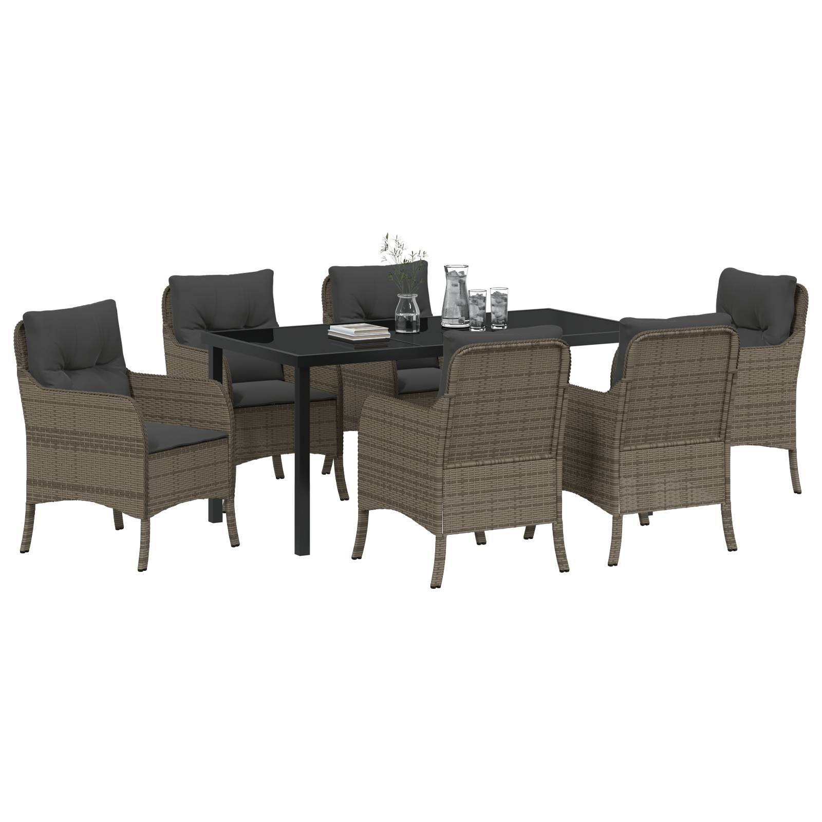 vidaXL 7-teiliges Garten-Ess-Set mit Kissen Grau Poly-Rattan