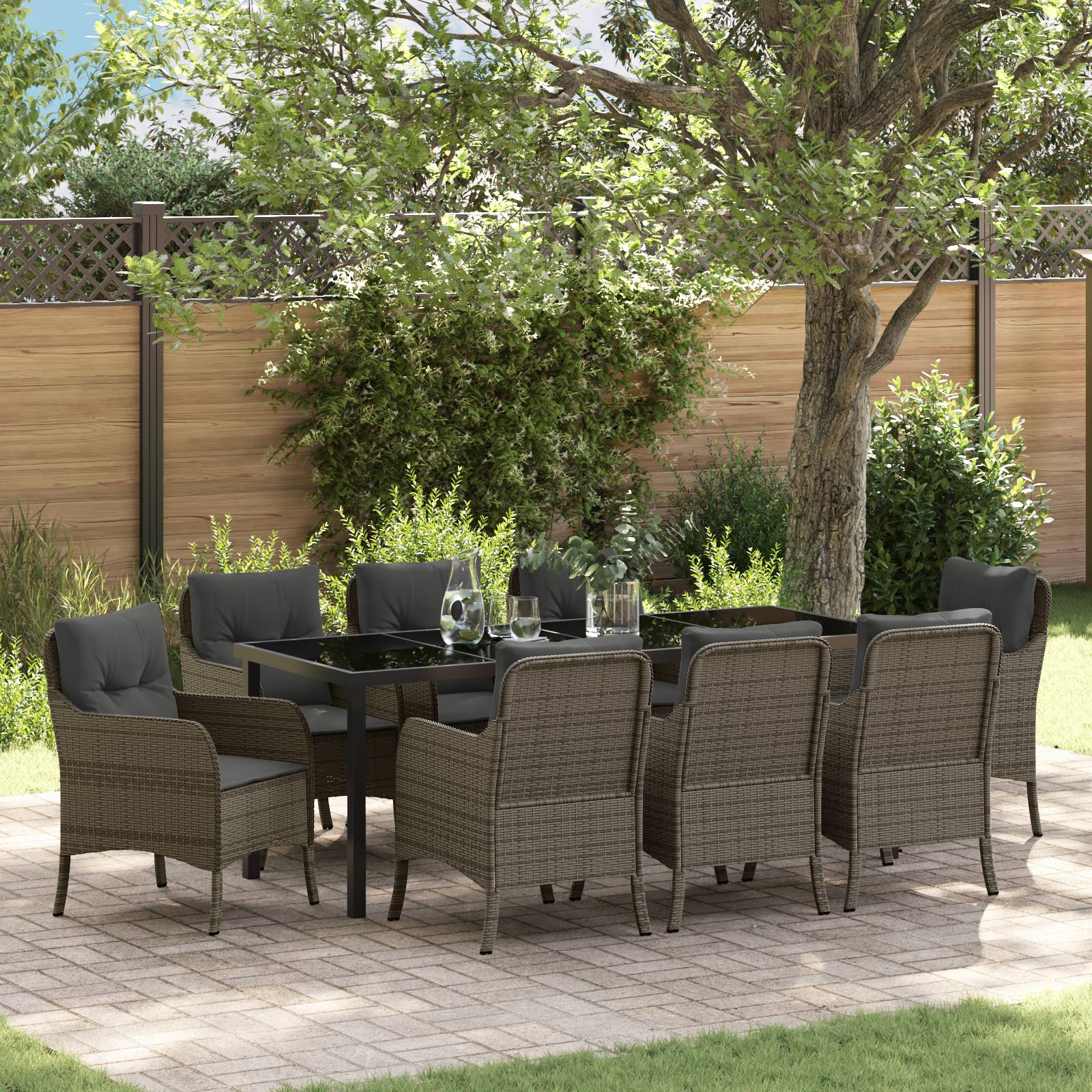 vidaXL 9-teiliges Garten-Esszimmer-Set mit Kissen Grau Poly Rattan