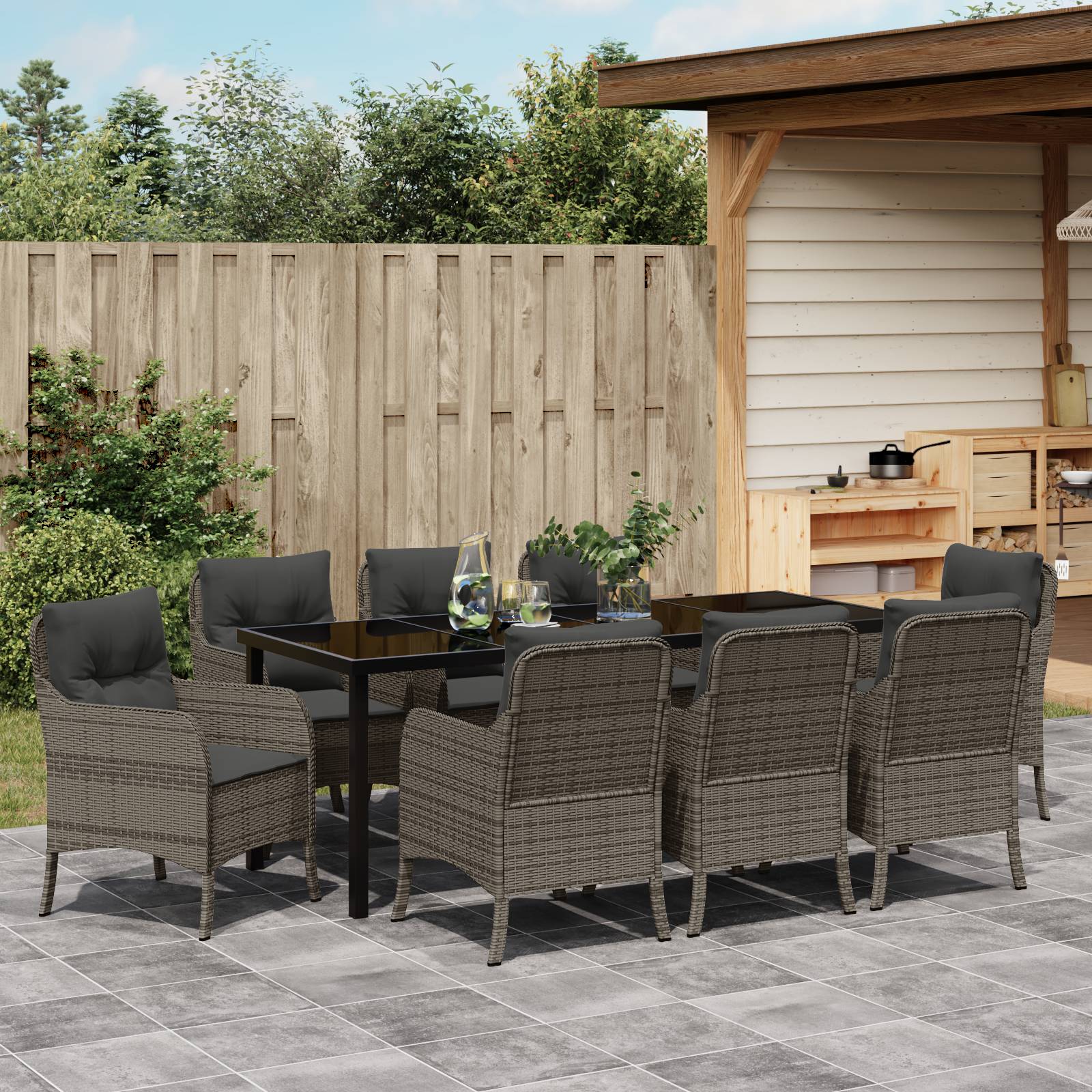 vidaXL 9-teiliges Garten-Esszimmer-Set mit Kissen Grau Poly Rattan
