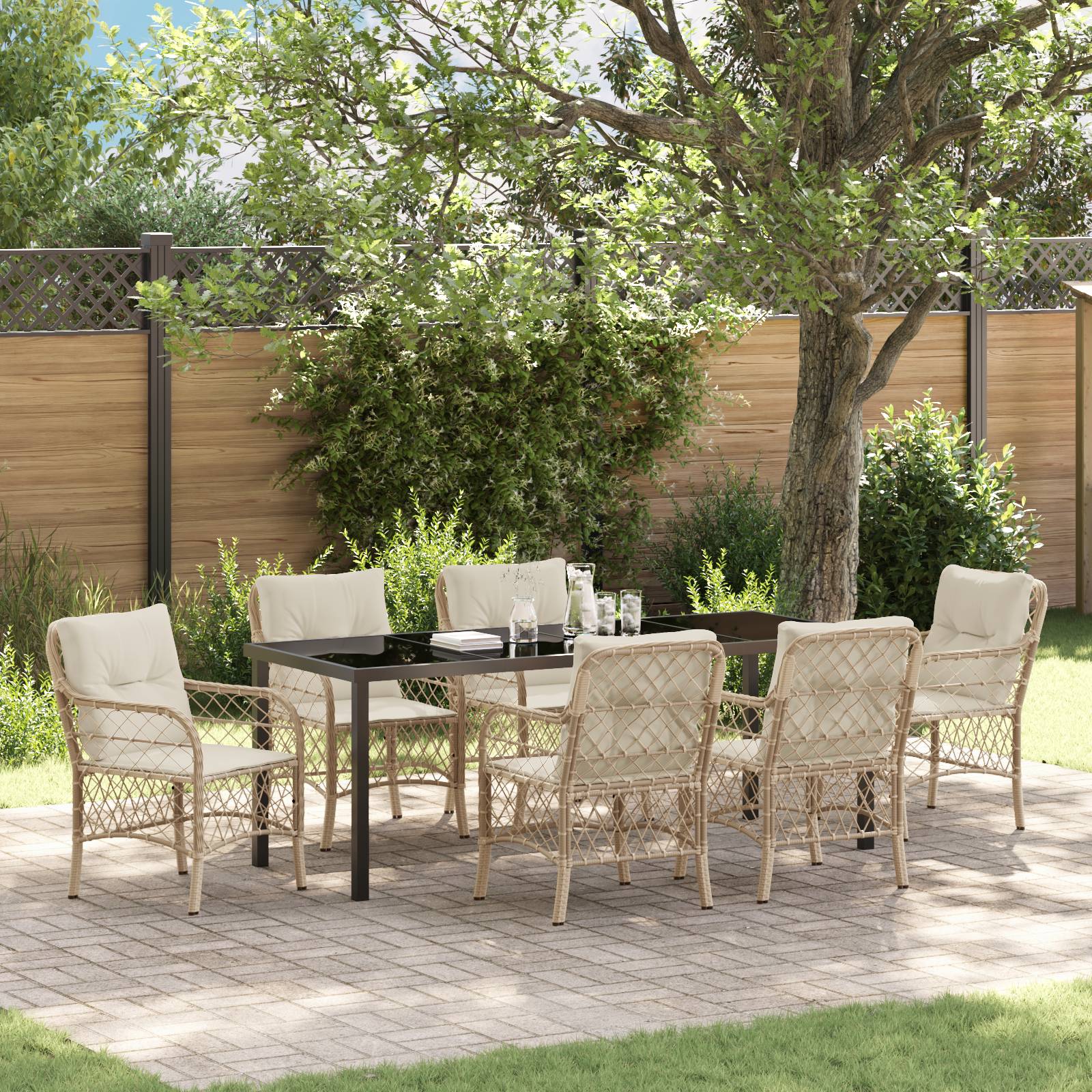 vidaXL 7-teiliges Garten-Ess-Set mit Kissen aus beige Poly-Rattan