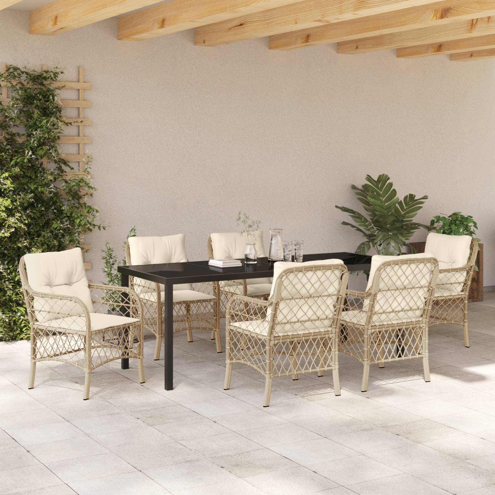 vidaXL 7-teiliges Garten-Ess-Set mit Kissen aus beige Poly-Rattan