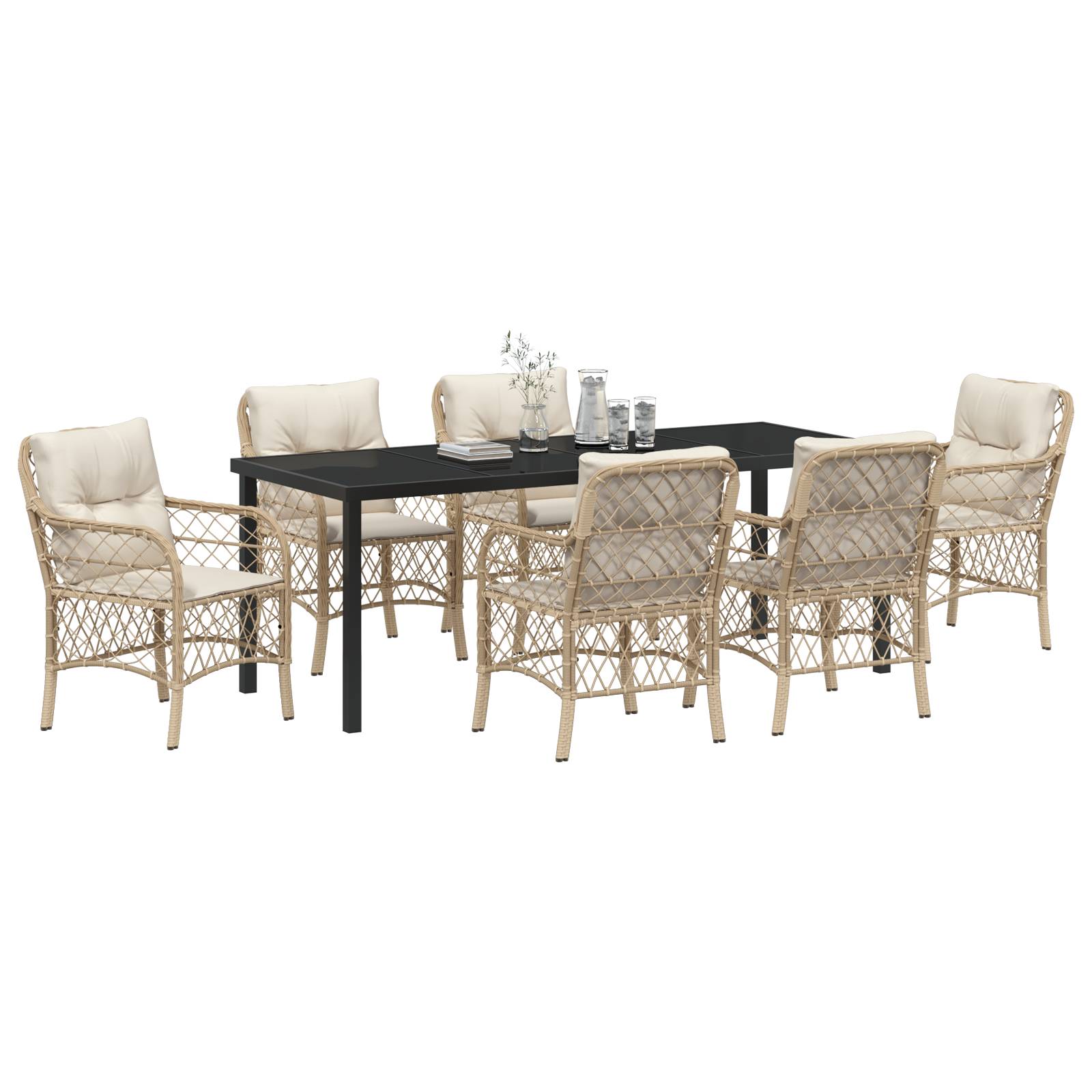 vidaXL 7-teiliges Garten-Ess-Set mit Kissen aus beige Poly-Rattan