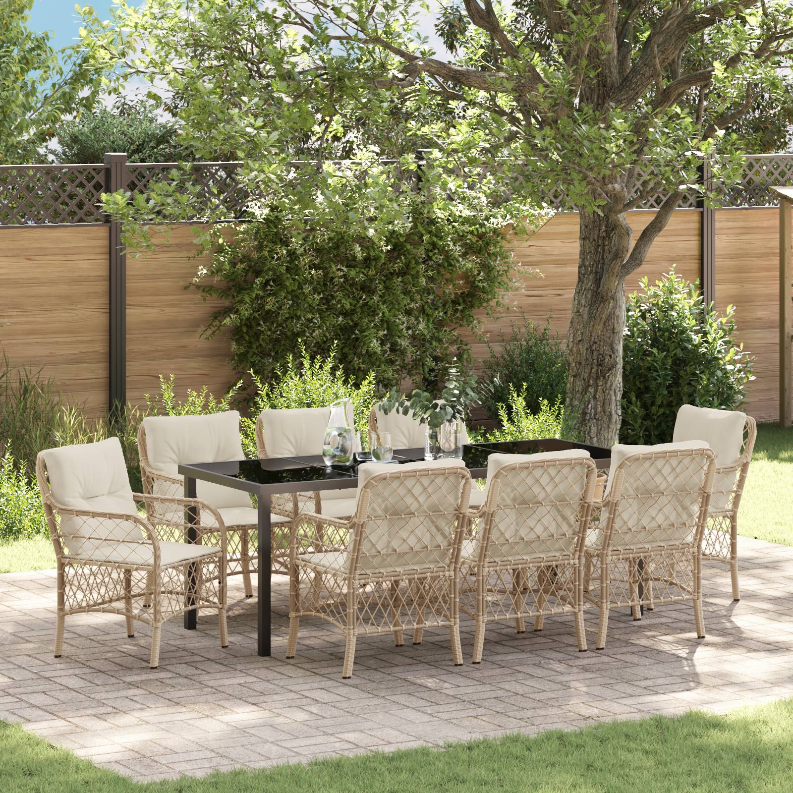 vidaXL 9-teiliges Garten-Essset mit Kissen Beige Poly-Rattan