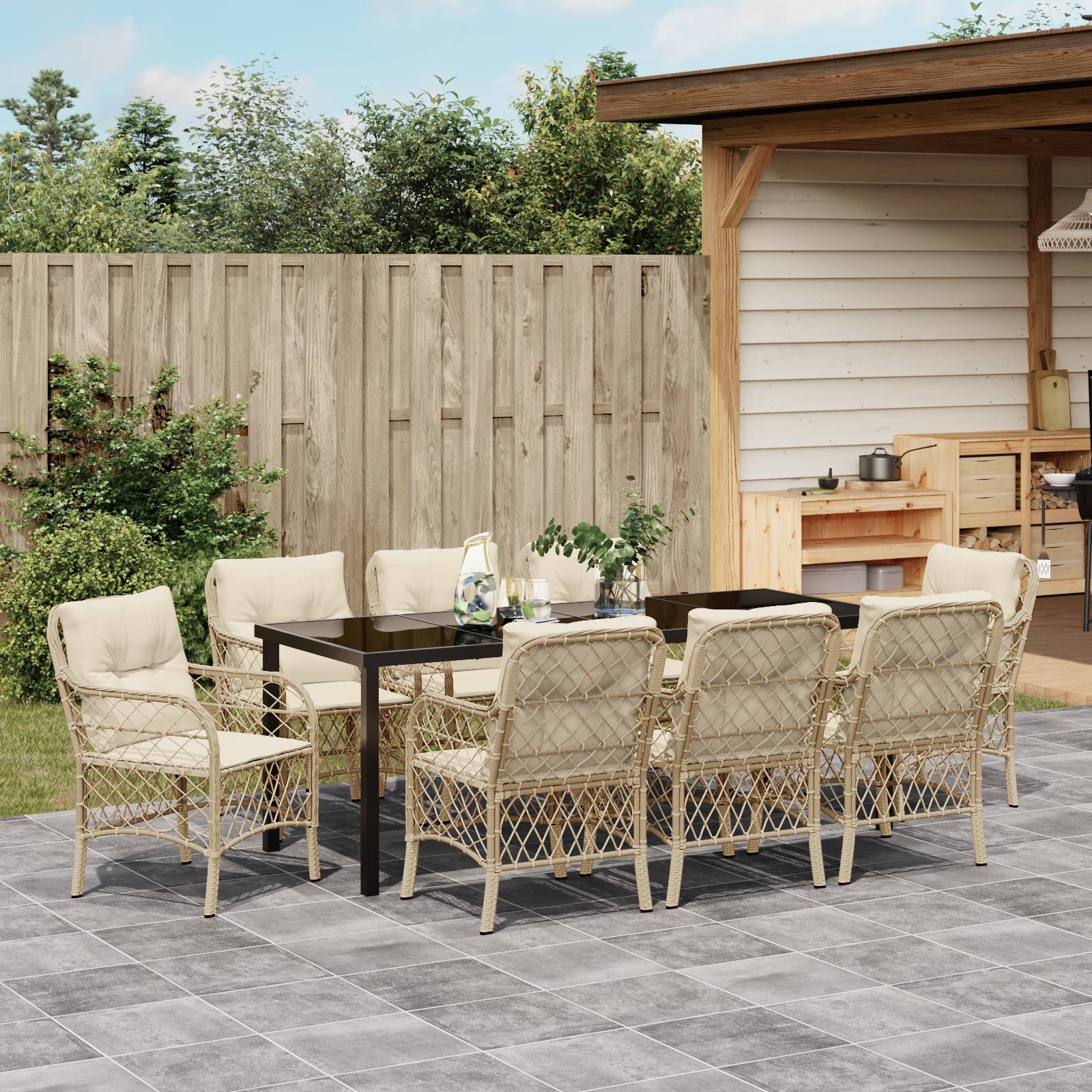 vidaXL 9-teiliges Garten-Essset mit Kissen Beige Poly-Rattan