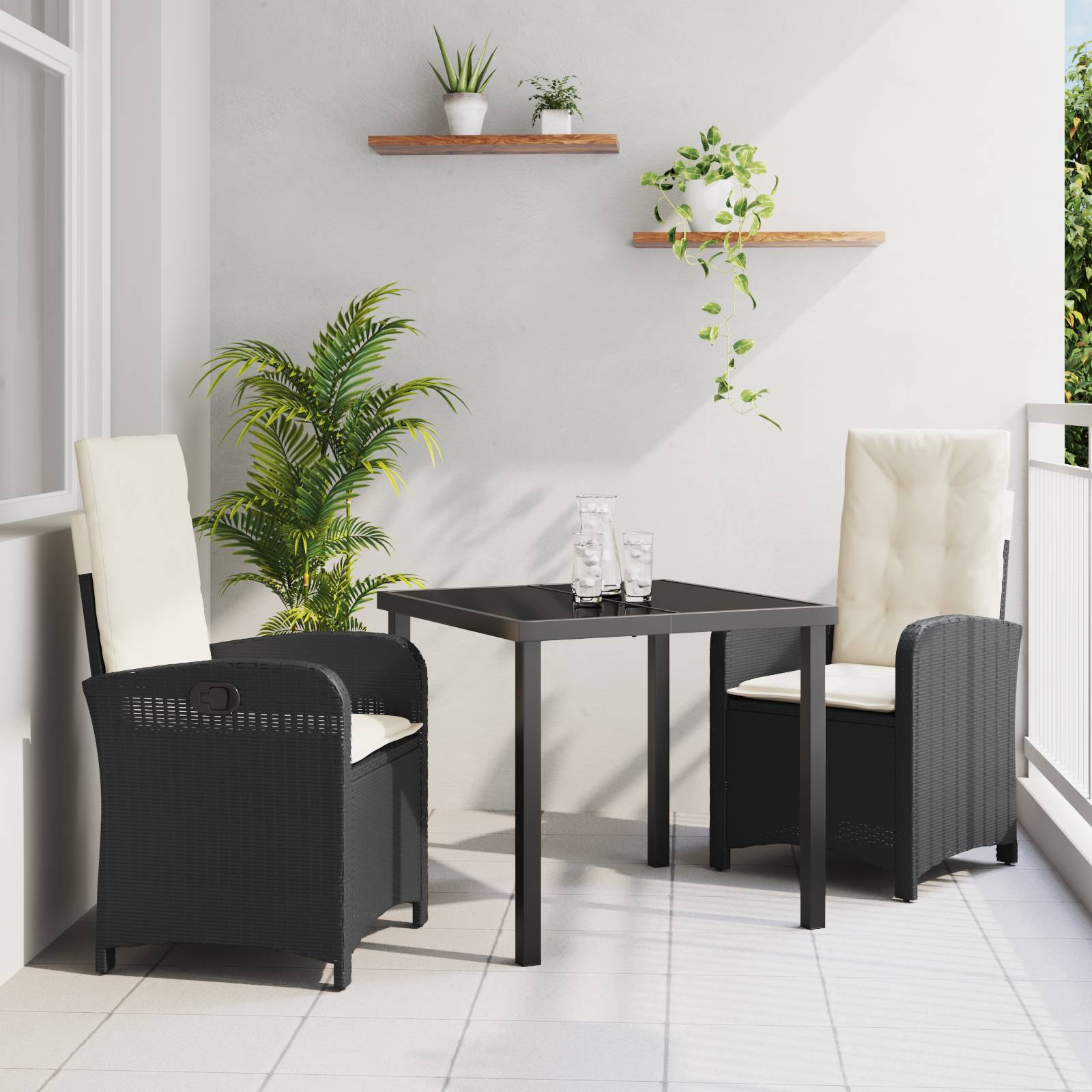 vidaXL 3-teiliges Garten-Essenset mit Kissen Schwarz Poly-Rattan