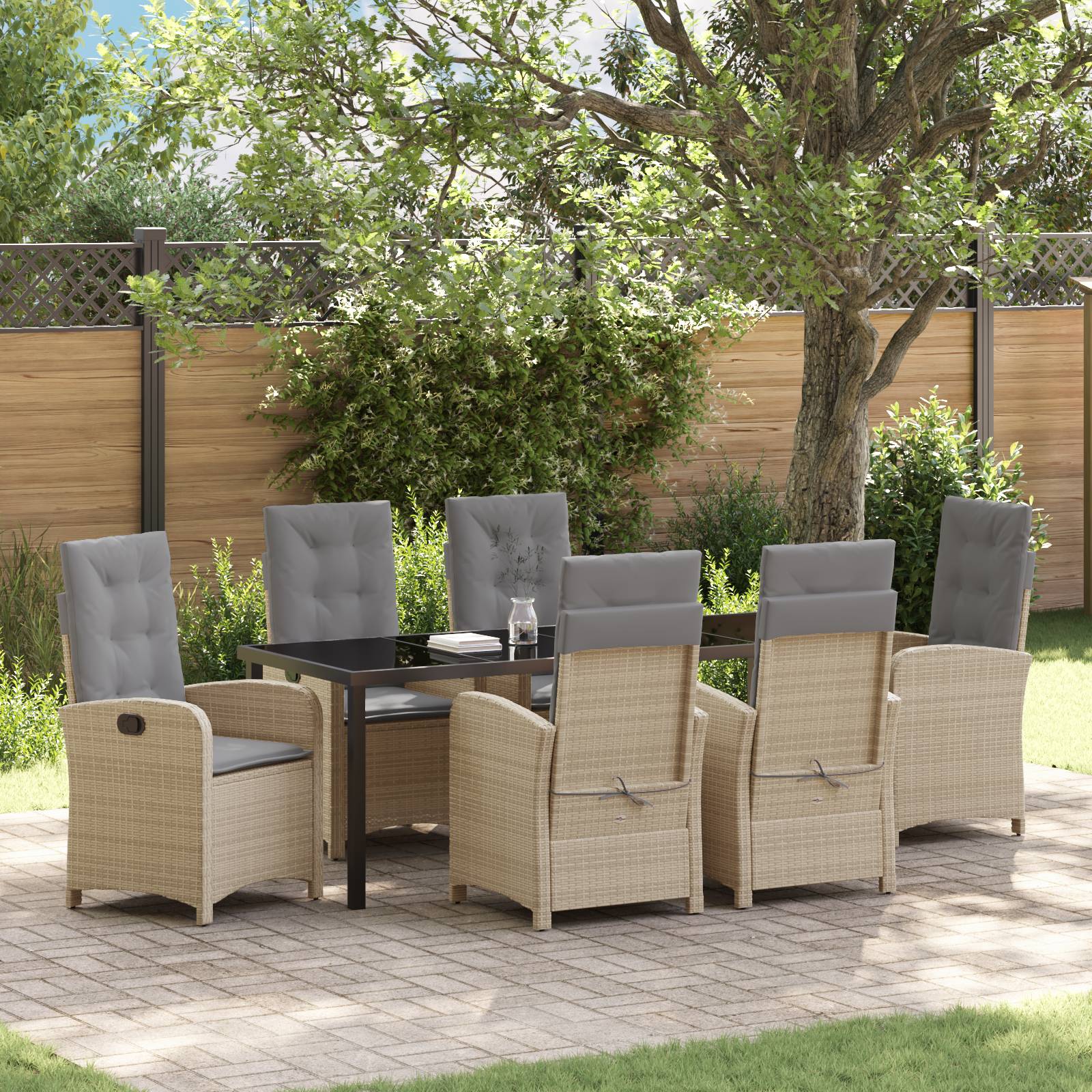 vidaXL 7-teiliges Garten-Esszimmer-Set mit Kissen - Beige Poly Rattan