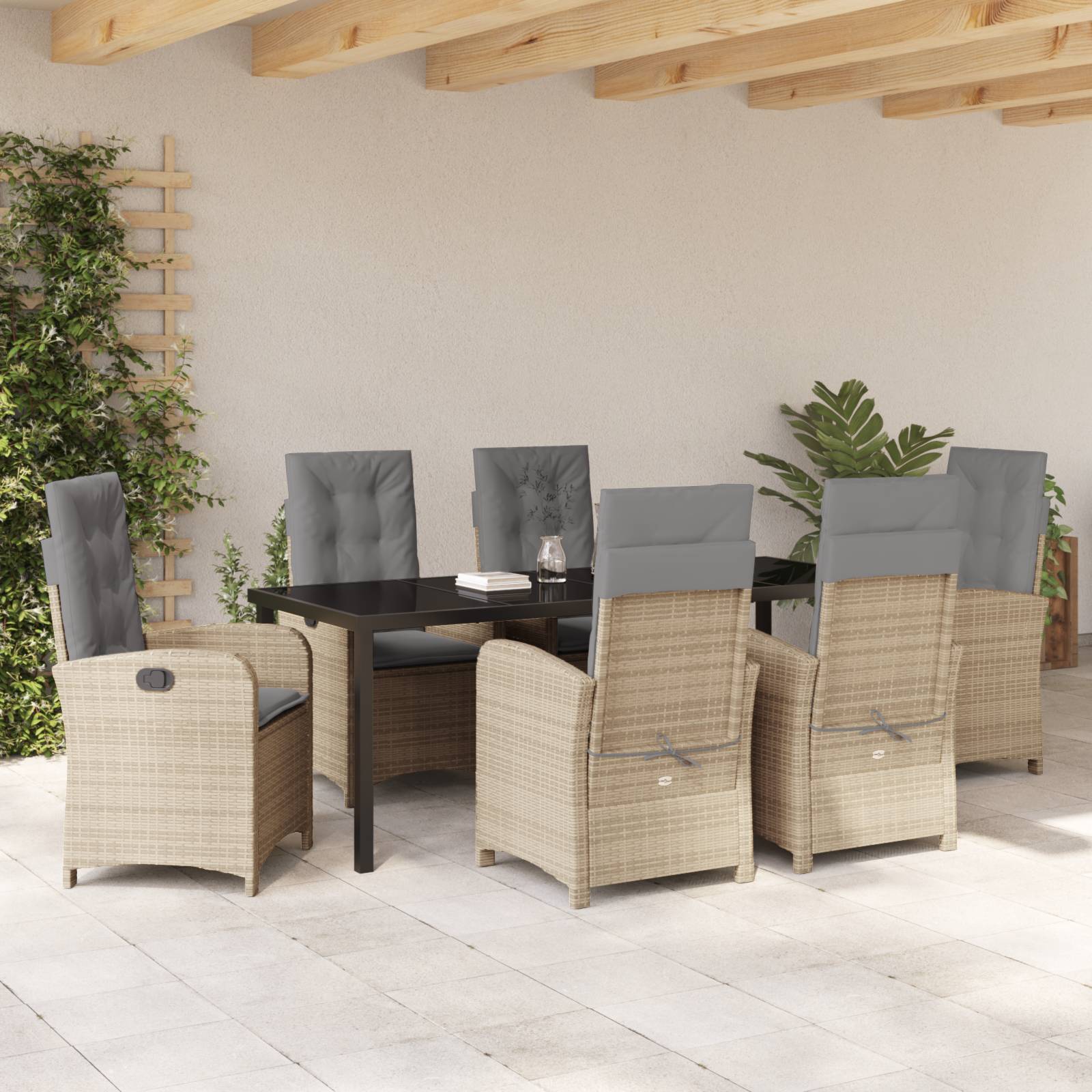 vidaXL 7-teiliges Garten-Esszimmer-Set mit Kissen - Beige Poly Rattan