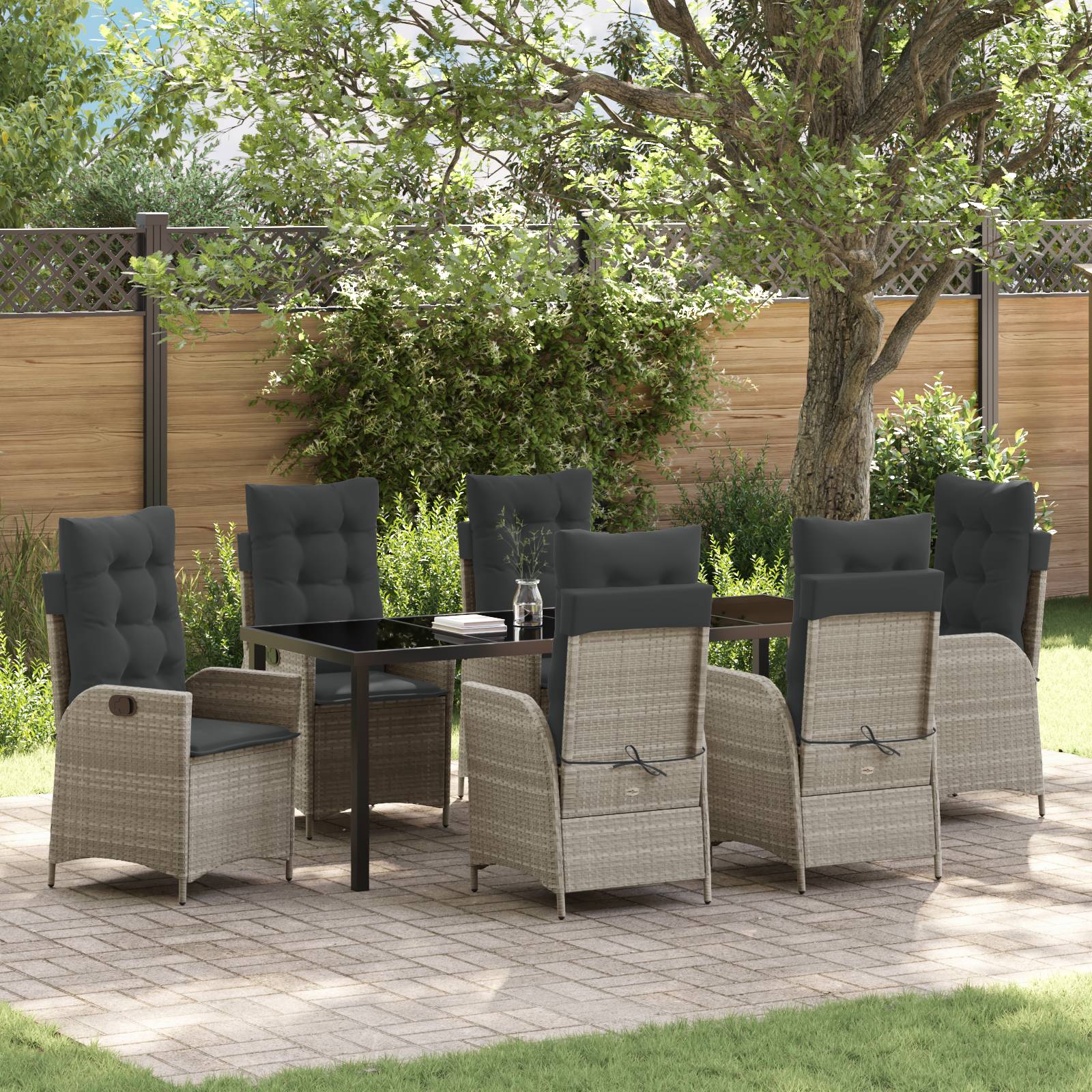 vidaXL 7-tlg. Garten-Essgruppe mit Kissen Hellgrau Poly Rattan