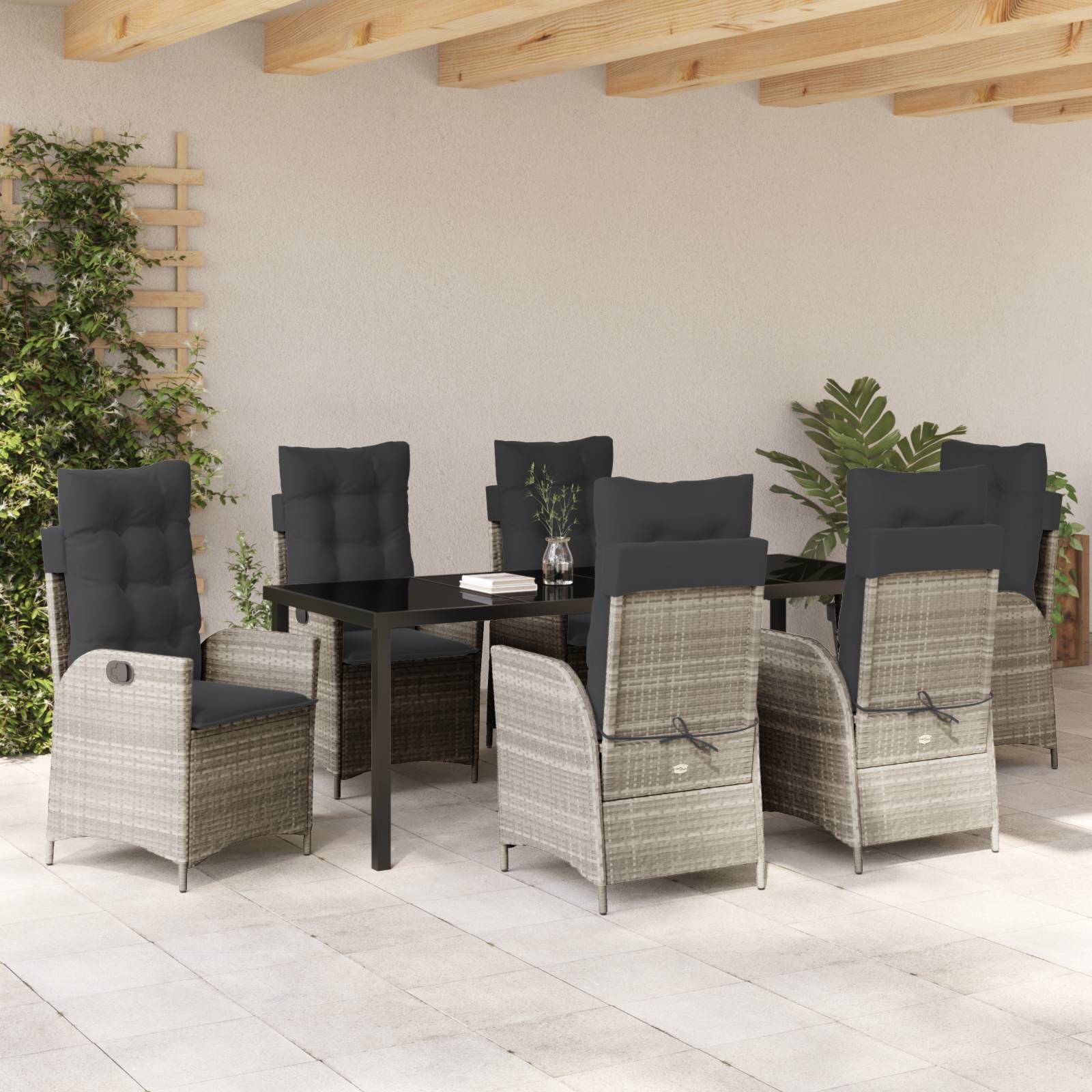 vidaXL 7-tlg. Garten-Essgruppe mit Kissen Hellgrau Poly Rattan