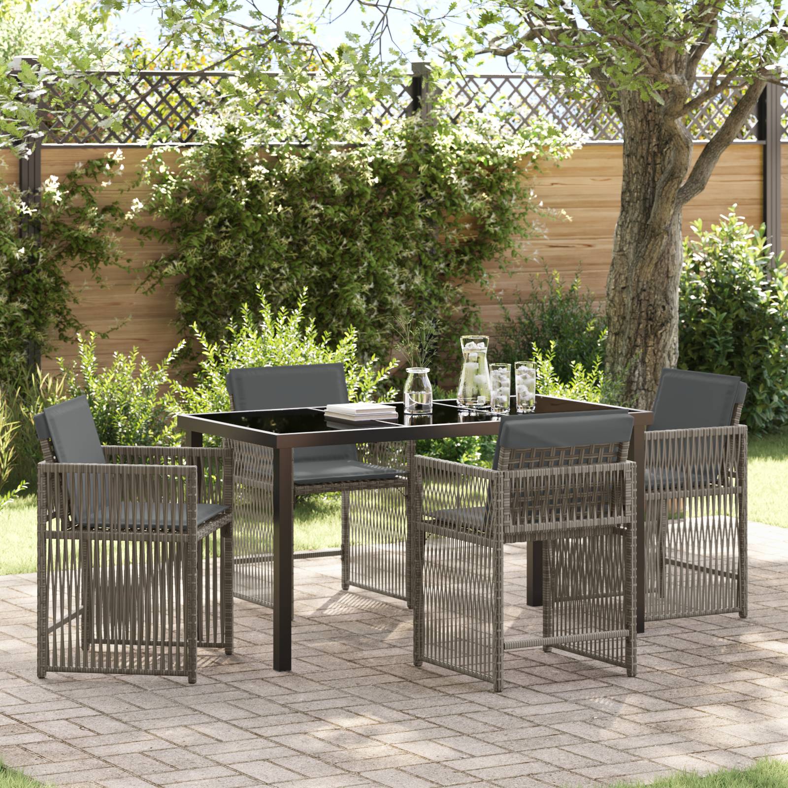 vidaXL 5-teiliges Garten-Ess-Set mit Kissen in Grau Poly-Rattan