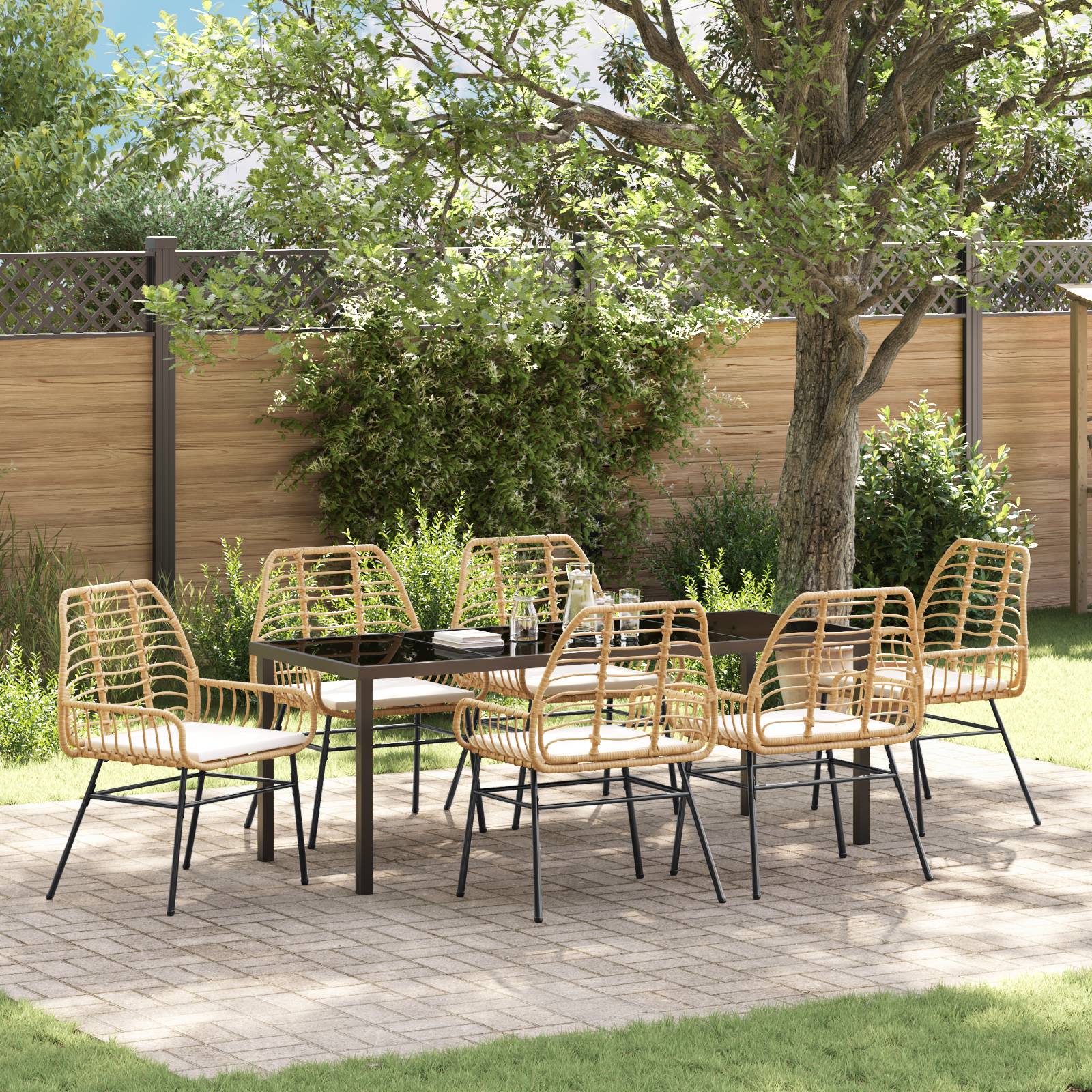 vidaXL 7-tlg. Garten-Essgruppe mit Kissen in Braun Poly-Rattan