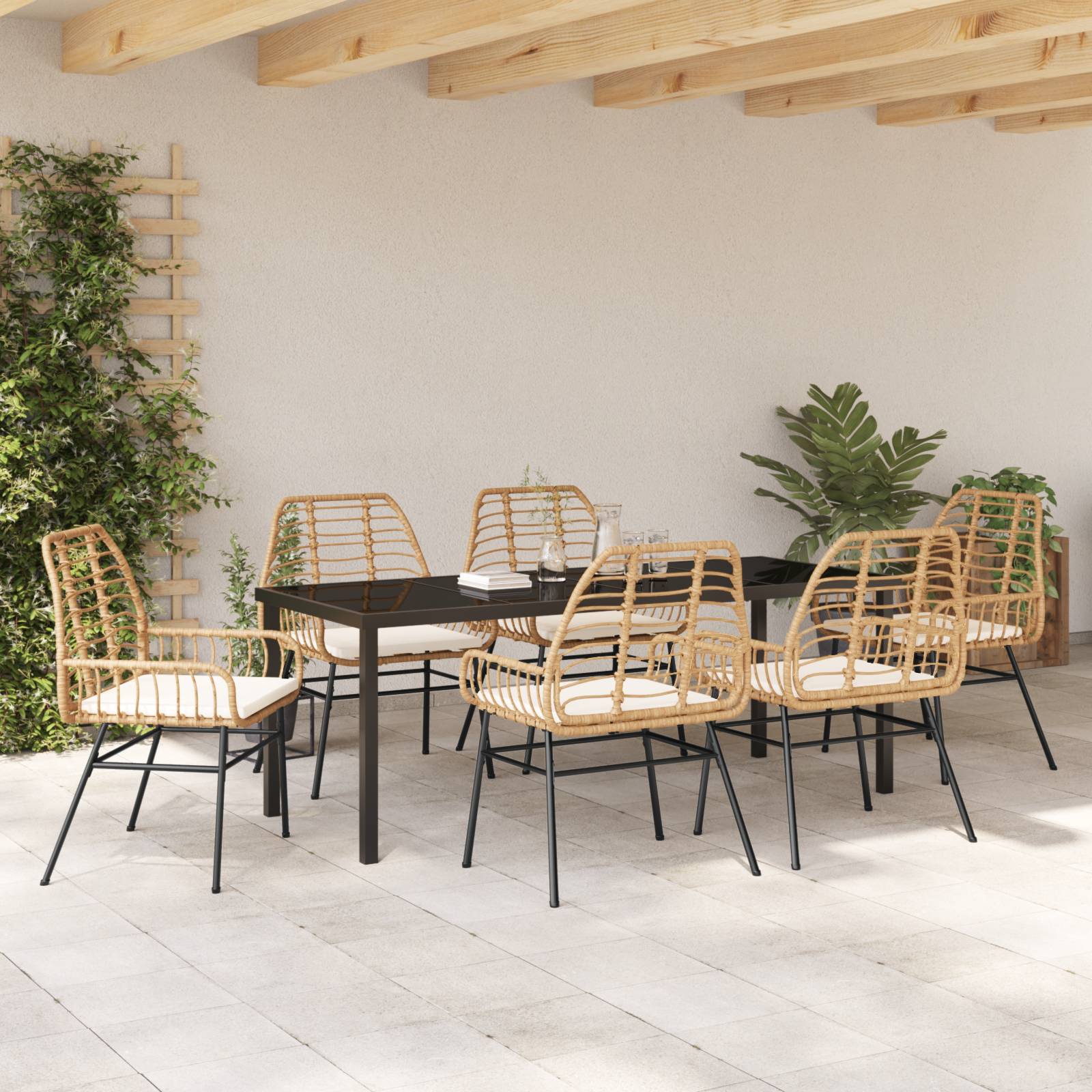 vidaXL 7-tlg. Garten-Essgruppe mit Kissen in Braun Poly-Rattan