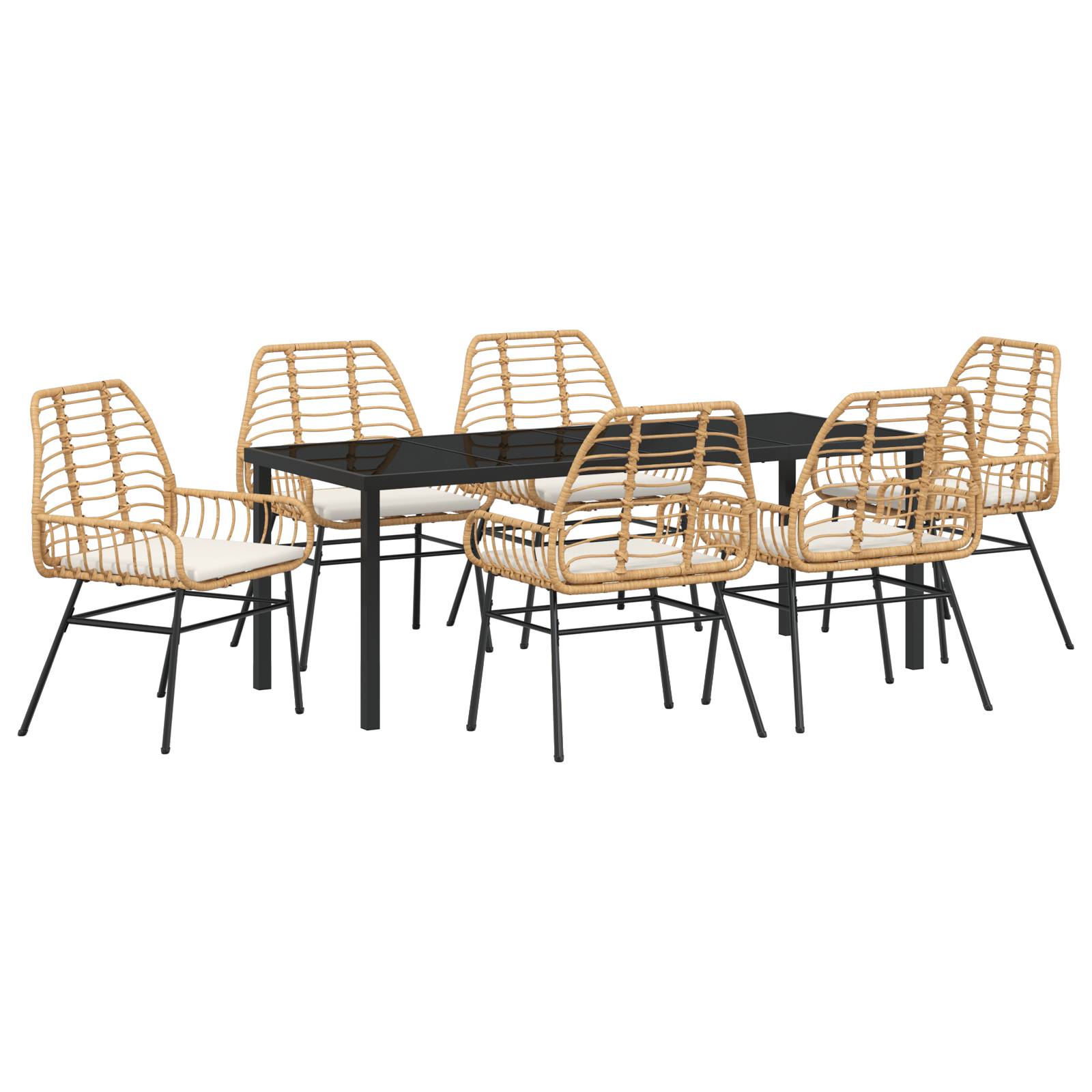 vidaXL 7-tlg. Garten-Essgruppe mit Kissen in Braun Poly-Rattan