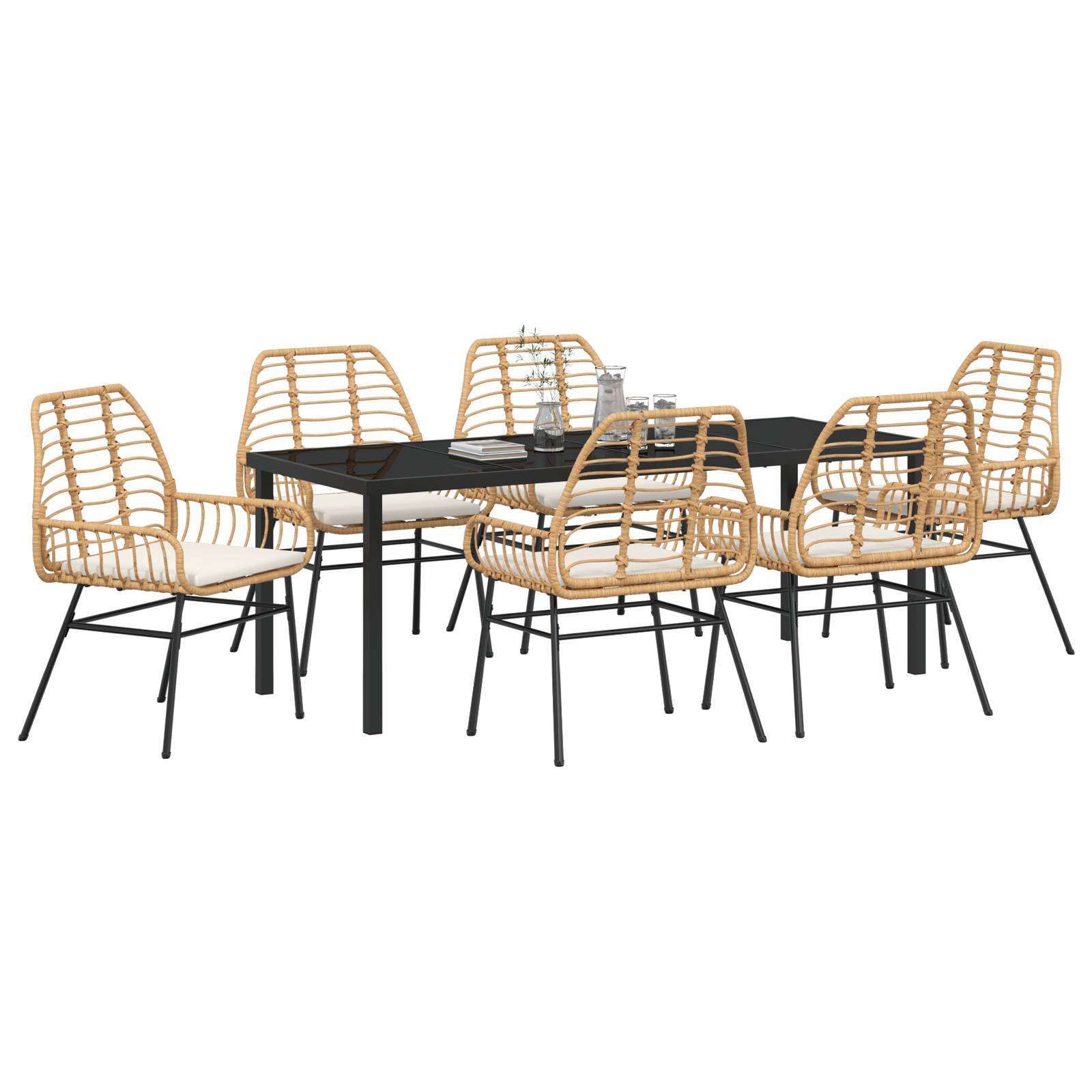 vidaXL 7-tlg. Garten-Essgruppe mit Kissen in Braun Poly-Rattan