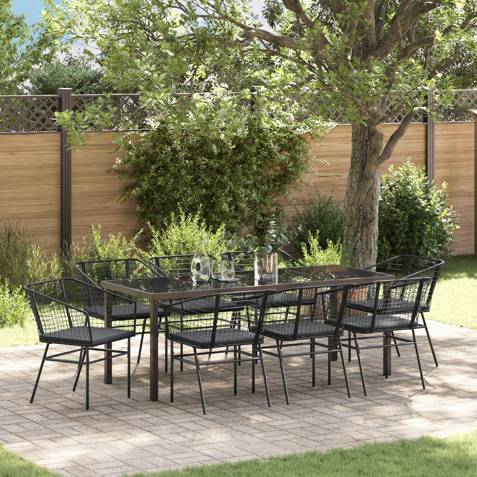 vidaXL 9-teiliges Garten-Esszimmer-Set mit Kissen Schwarz Poly Rattan