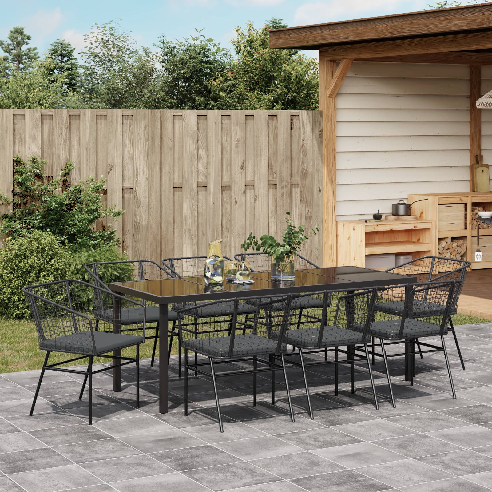 vidaXL 9-teiliges Garten-Esszimmer-Set mit Kissen Schwarz Poly Rattan