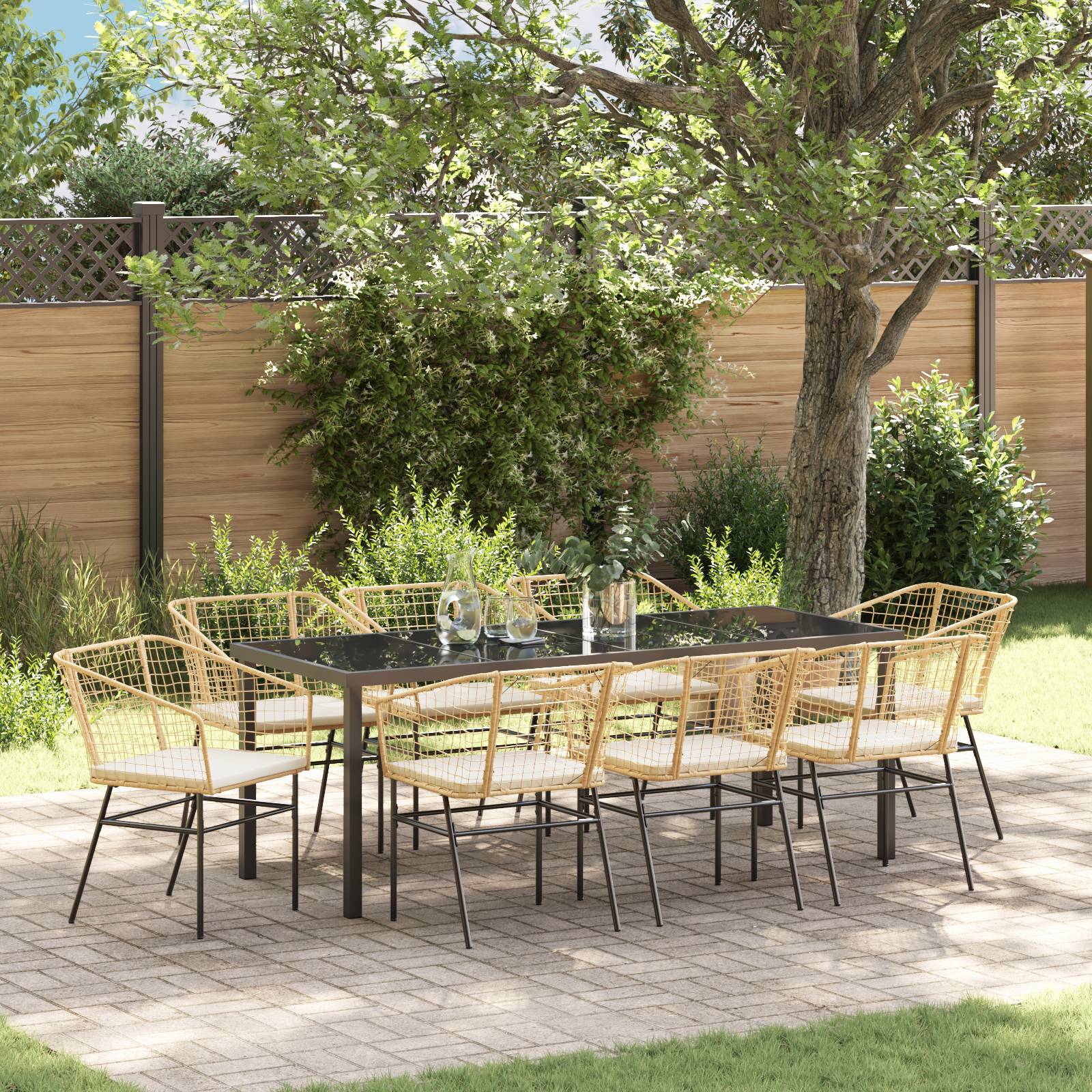 vidaXL 9-teiliges Garten-Dining-Set mit Kissen - Braun - Poly-Rattan
