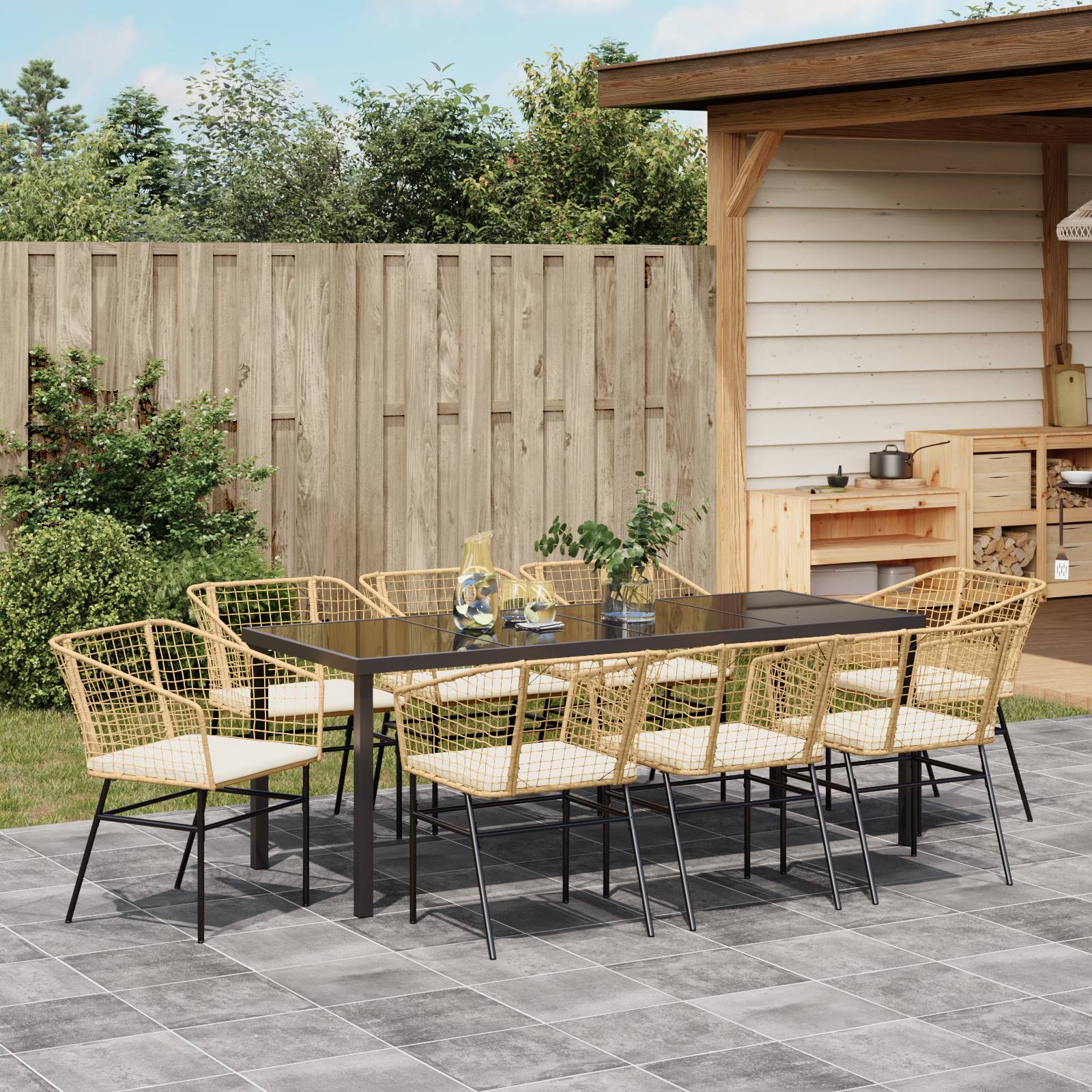 vidaXL 9-teiliges Garten-Dining-Set mit Kissen - Braun - Poly-Rattan