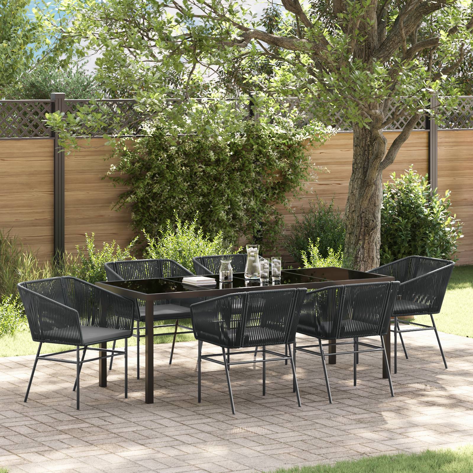 vidaXL 7-teiliges Garten-Esszimmer-Set mit Kissen Schwarz Poly-Rattan