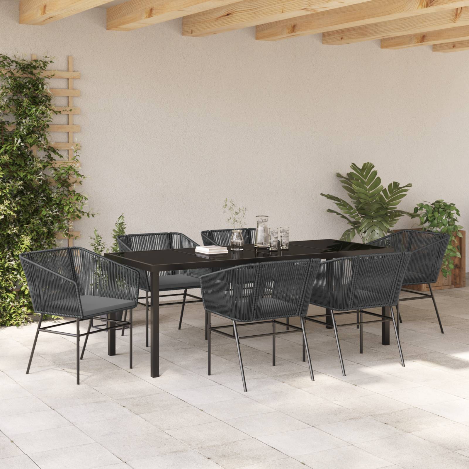 vidaXL 7-teiliges Garten-Esszimmer-Set mit Kissen Schwarz Poly-Rattan