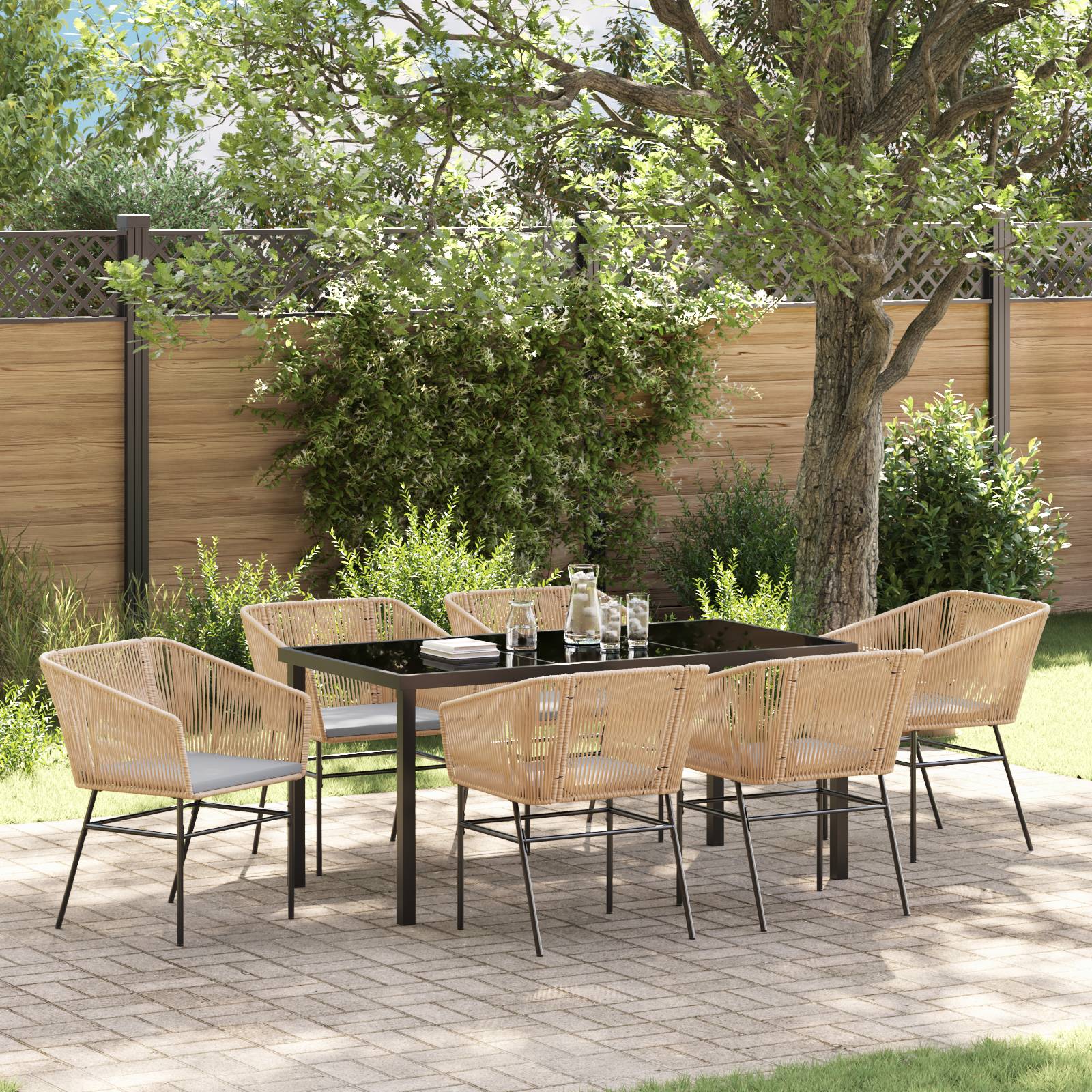 vidaXL 7-teiliges Garten-Ess-Set mit Kissen Braun Poly-Rattan
