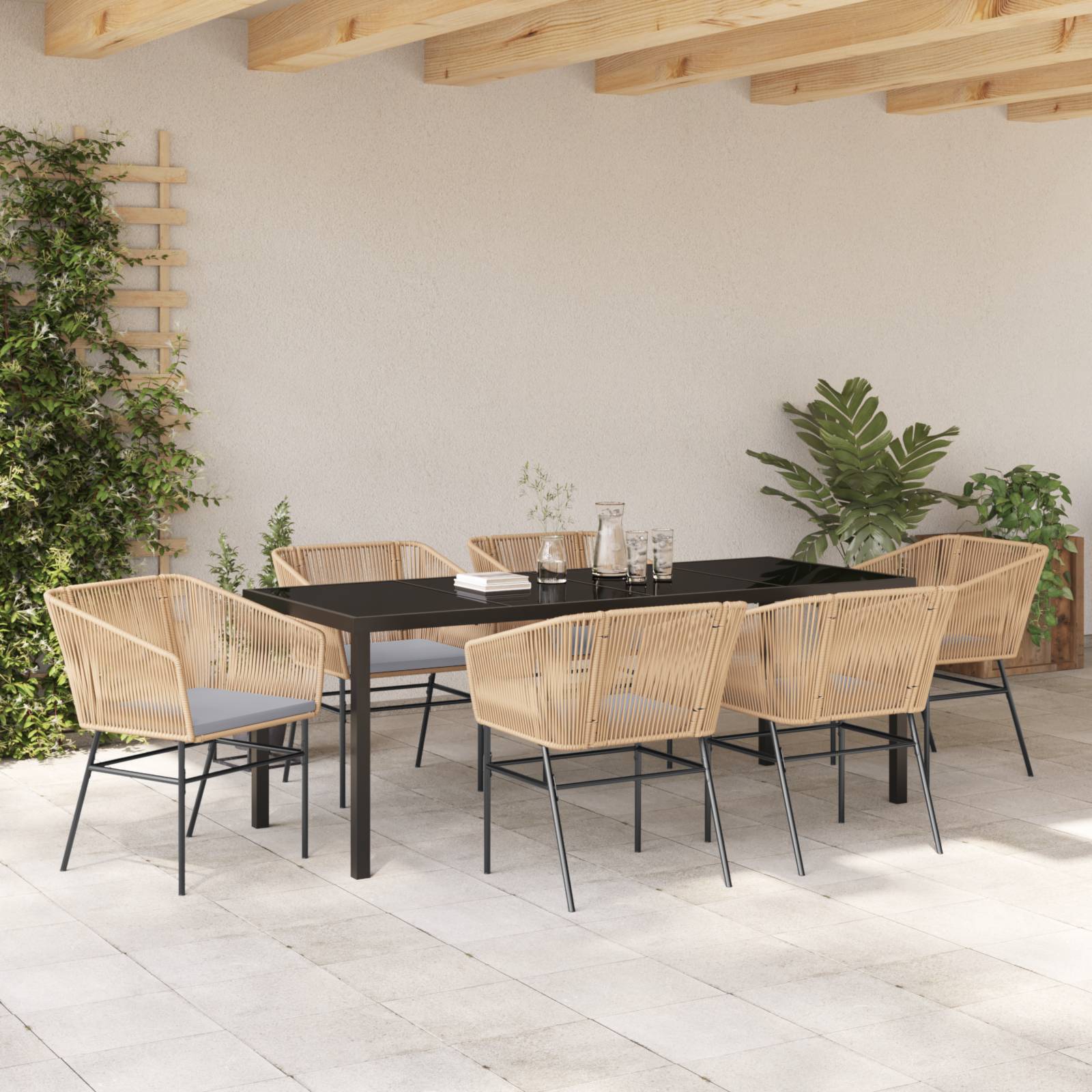 vidaXL 7-teiliges Garten-Ess-Set mit Kissen Braun Poly-Rattan