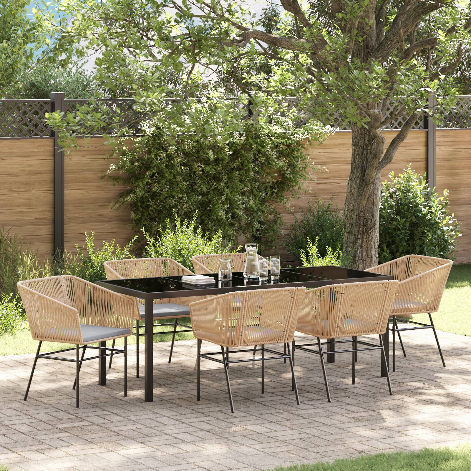 vidaXL 7-teiliges Garten-Ess-Set mit Kissen Braun Poly Rattan