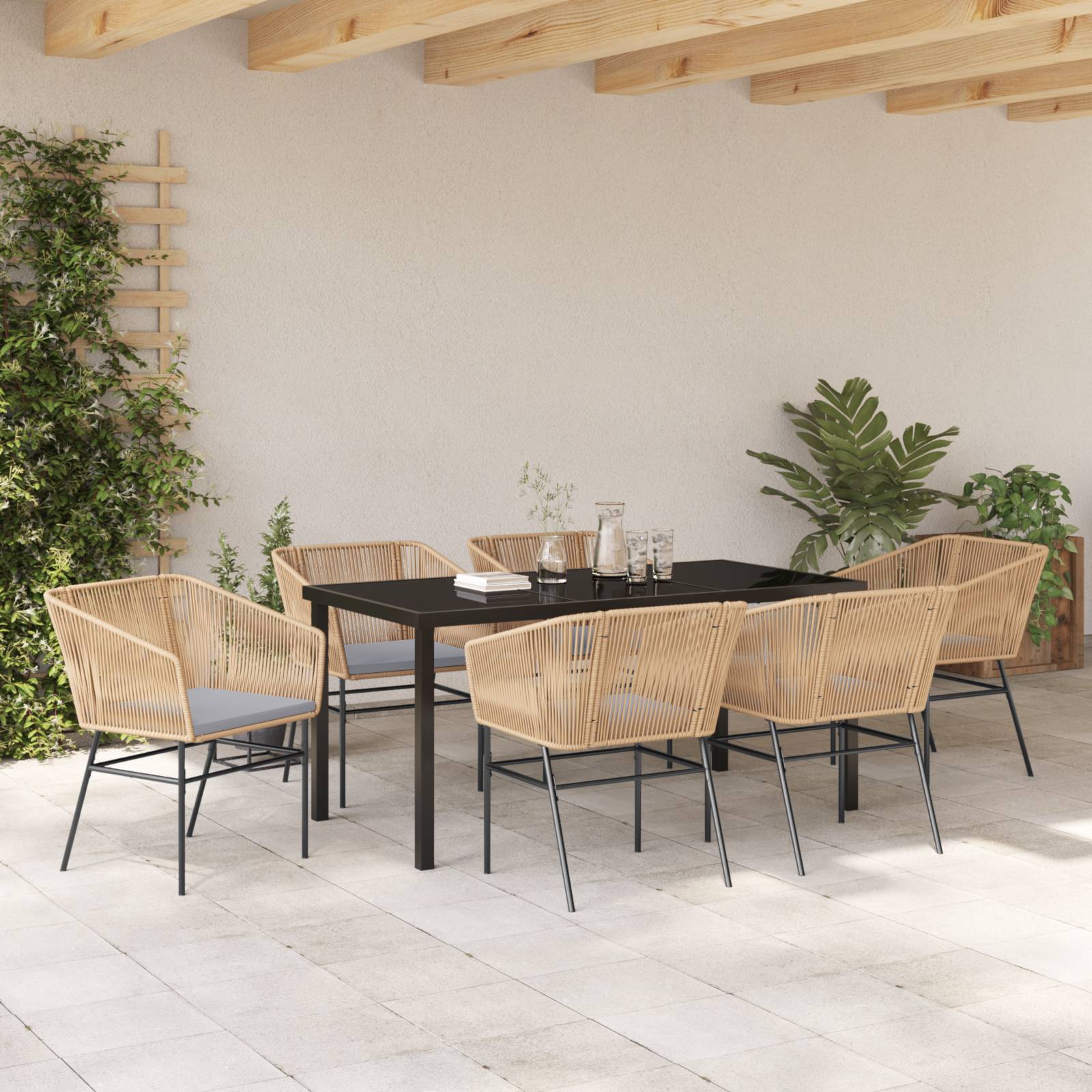 vidaXL 7-teiliges Garten-Ess-Set mit Kissen Braun Poly Rattan