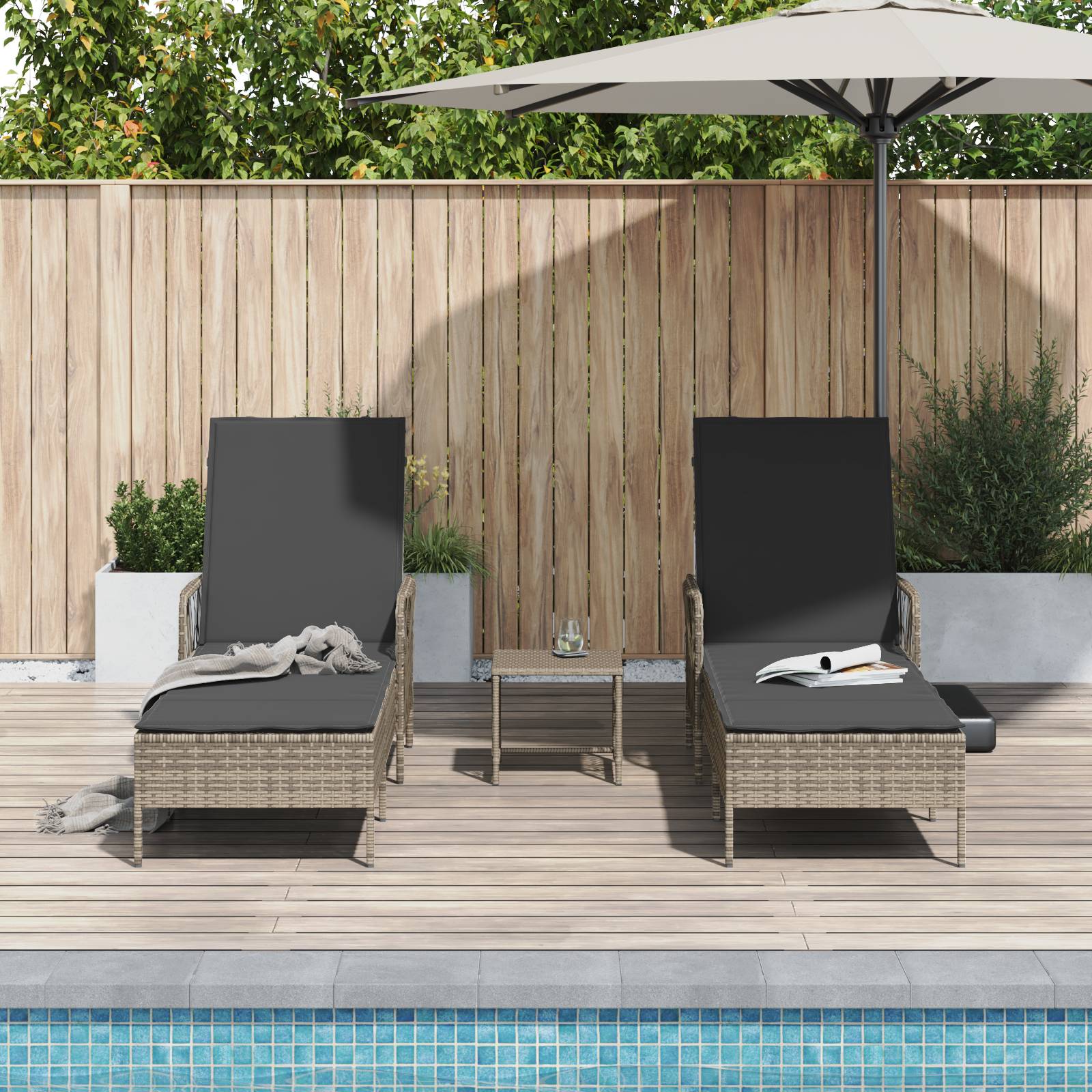 vidaXL Sonnenliege Set Set aus 3 Grau und Dunkelgrau PE Rattan