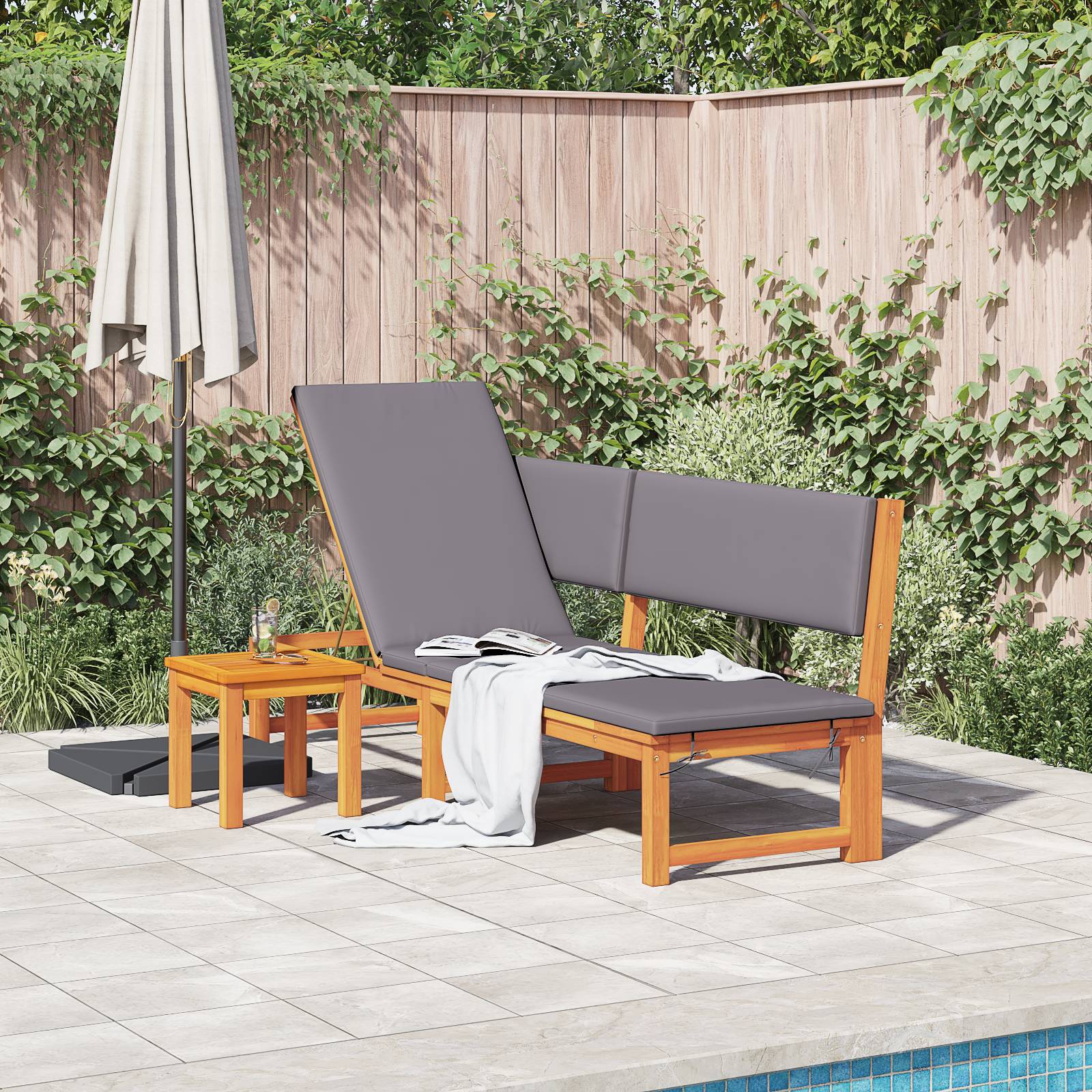 vidaXL Sonnenliege mit 3-in-1-Funktion und hellgrauen Kissen aus massivem Akazienholz