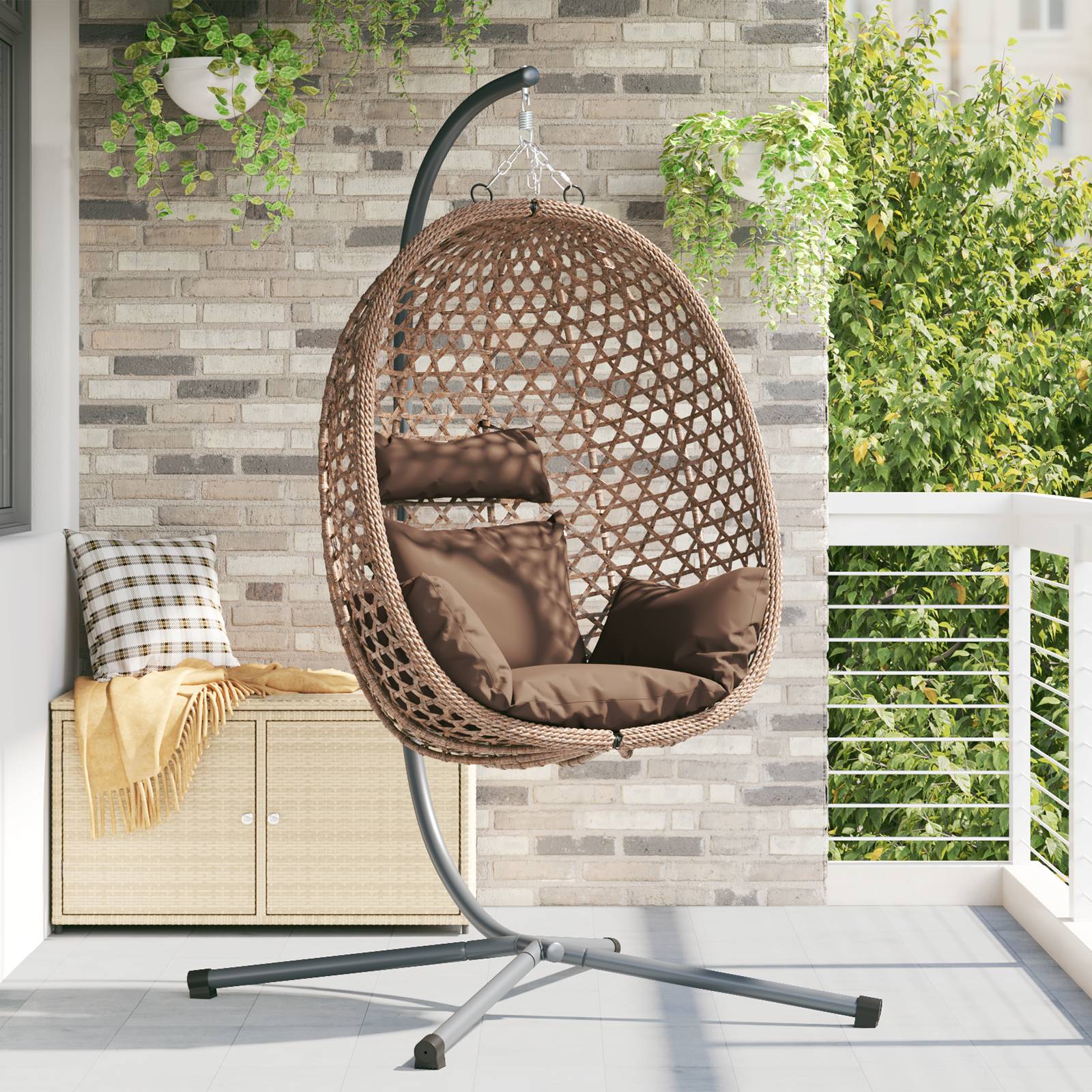 vidaXL Hängender Eierstuhlkorb mit Stand Kaffee Poly Rattan