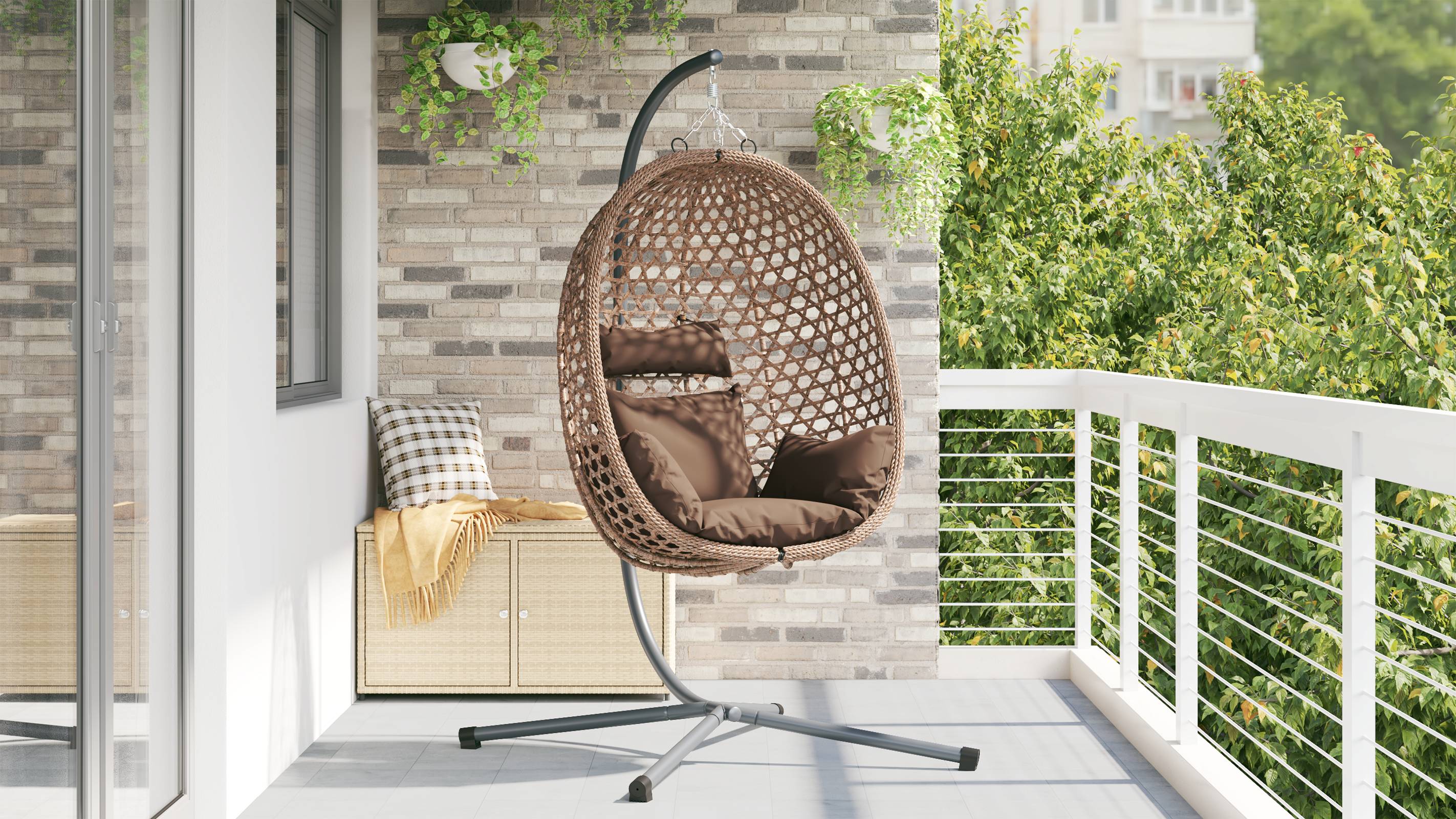 vidaXL Hängender Eierstuhlkorb mit Stand Kaffee Poly Rattan