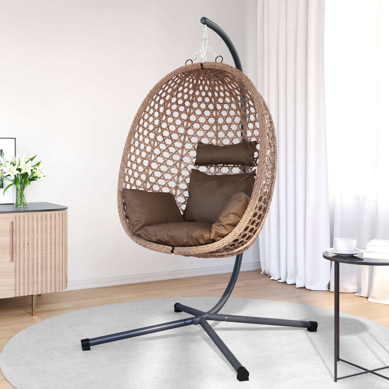 vidaXL Hängender Eierstuhlkorb mit Stand Kaffee Poly Rattan