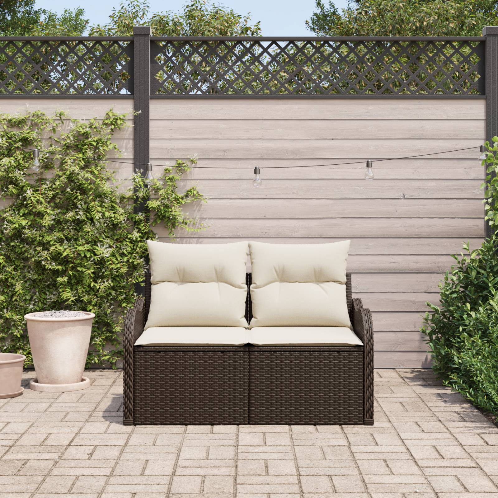 vidaXL Gartensofa 2-Sitzer mit Stauraum und Kissen Braun Poly Rattan