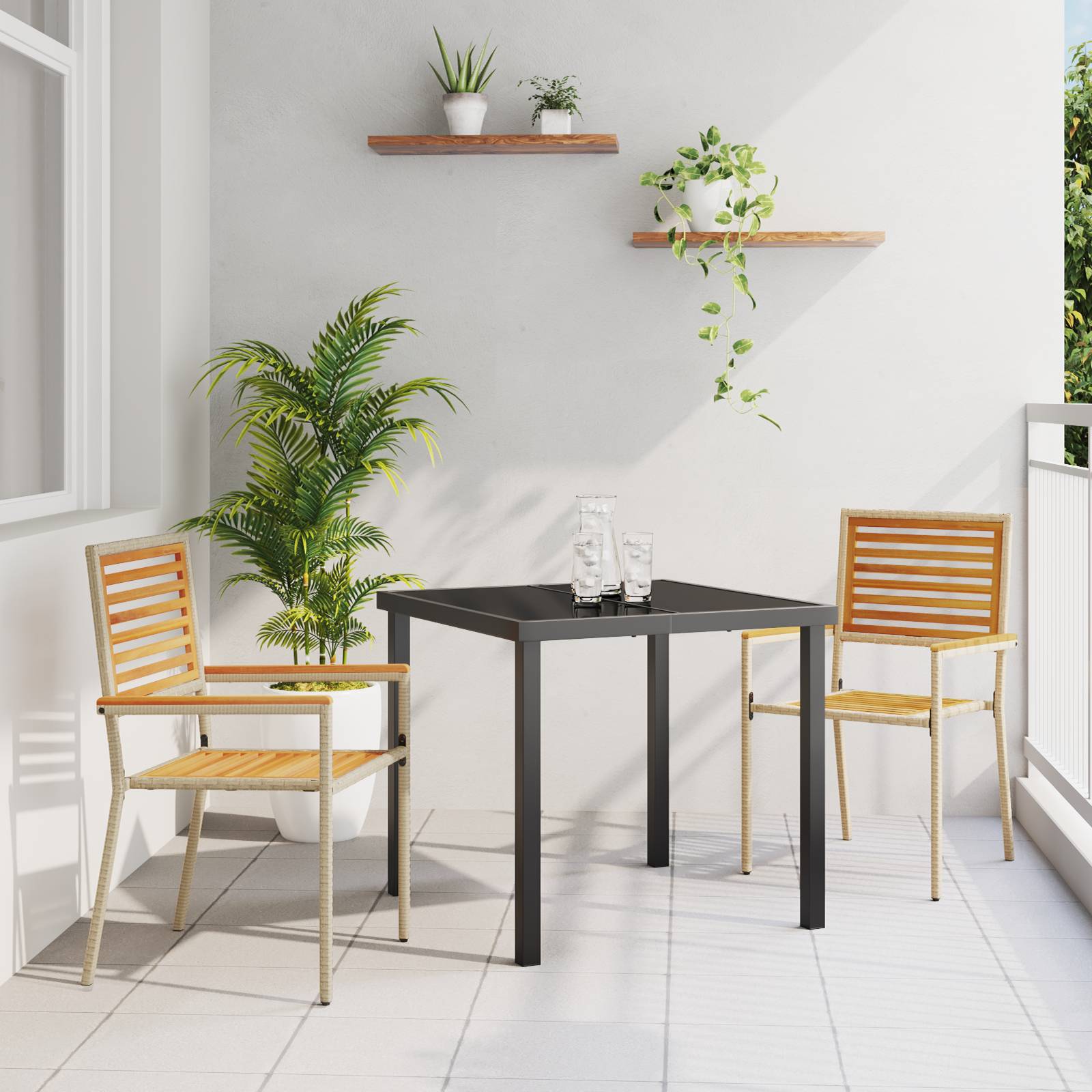 vidaXL stapelbare Gartenstühle - 2er-Set in Beige Poly Rattan.