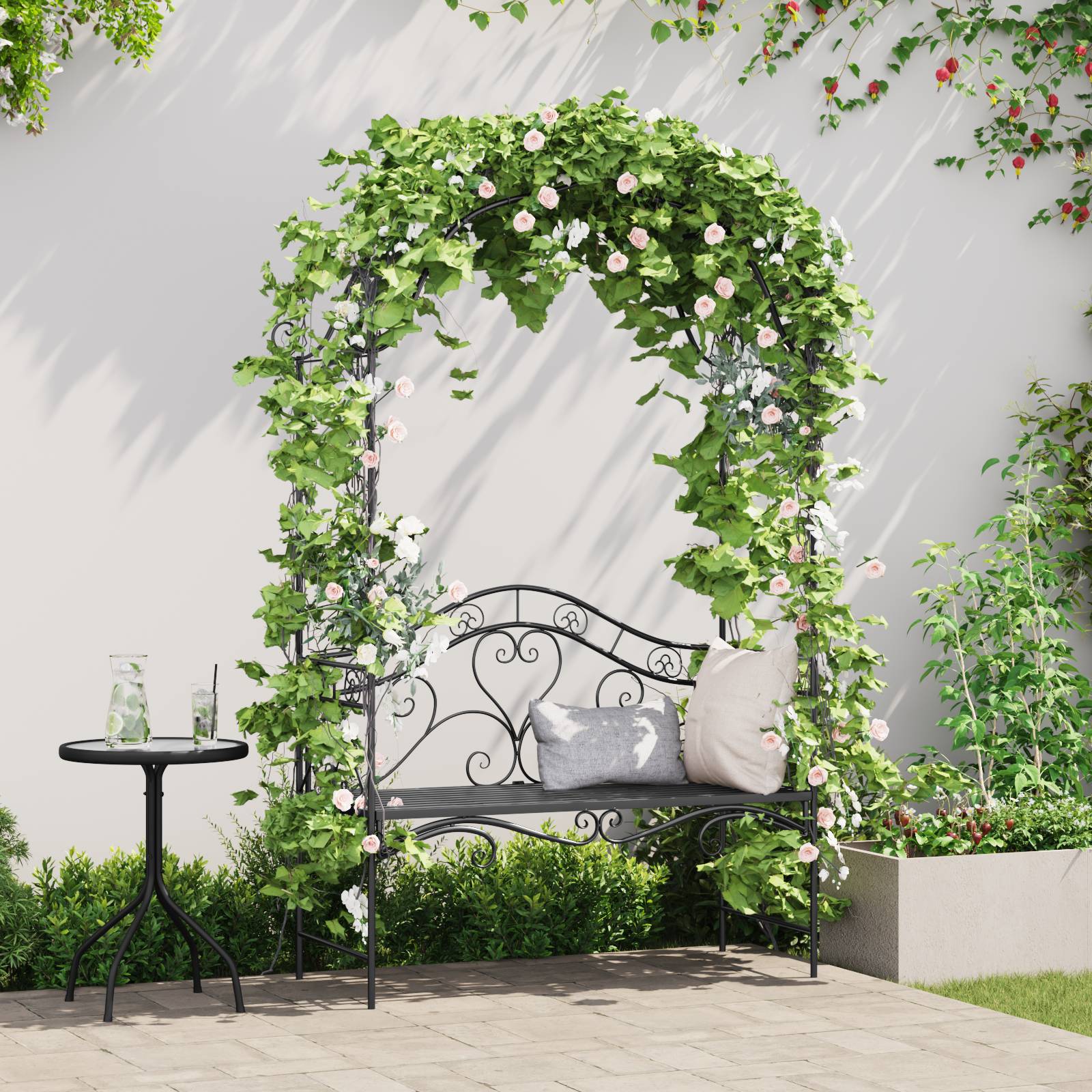 vidaXL Schwarze Gartenbank Schwarz Metall Groß Dekorative Intarsien