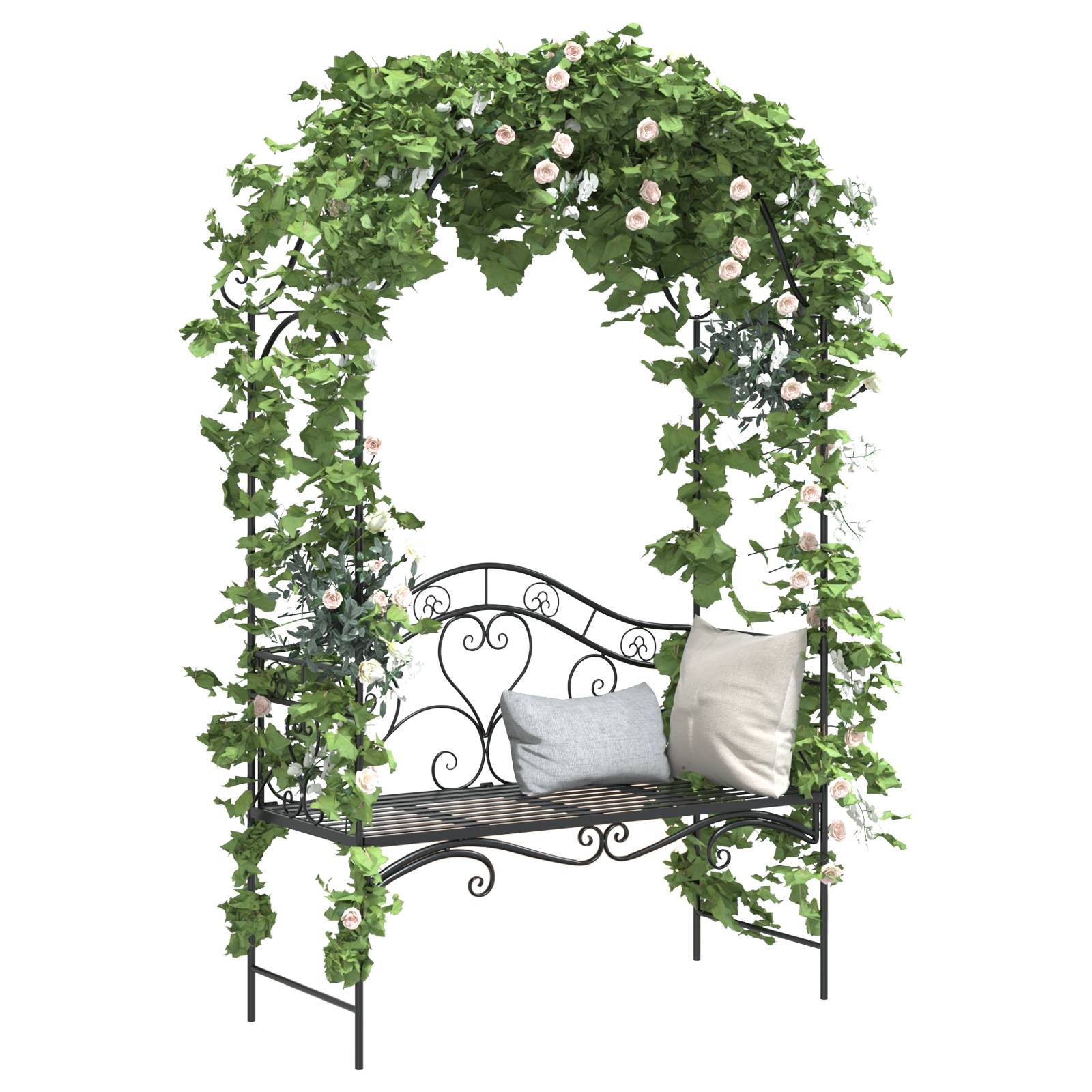 vidaXL Schwarze Gartenbank Schwarz Metall Groß Dekorative Intarsien