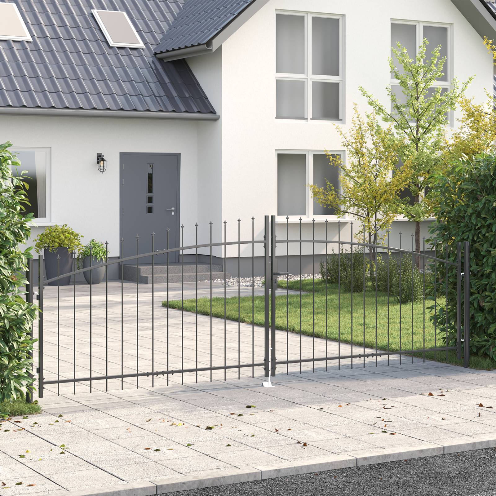 vidaXL Gartentor mit Spear Top Doppelschwing Grau 125x400 cm Stahl