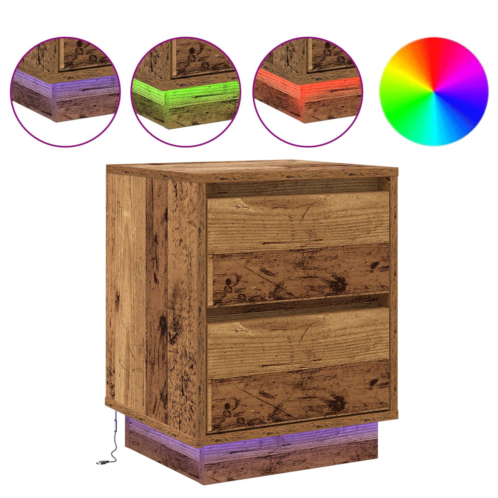 vidaXL Nachttische mit LED-Lichtern 2 Stück Altholz 39x34.5x50 cm