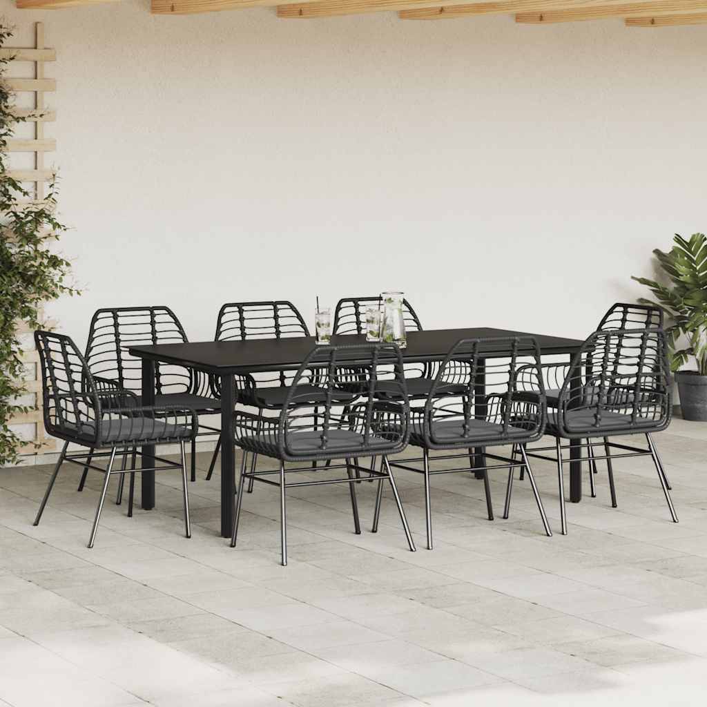 vidaXL 9-tlg. Garten-Essgruppe mit Kissen Schwarz Poly Rattan Glas